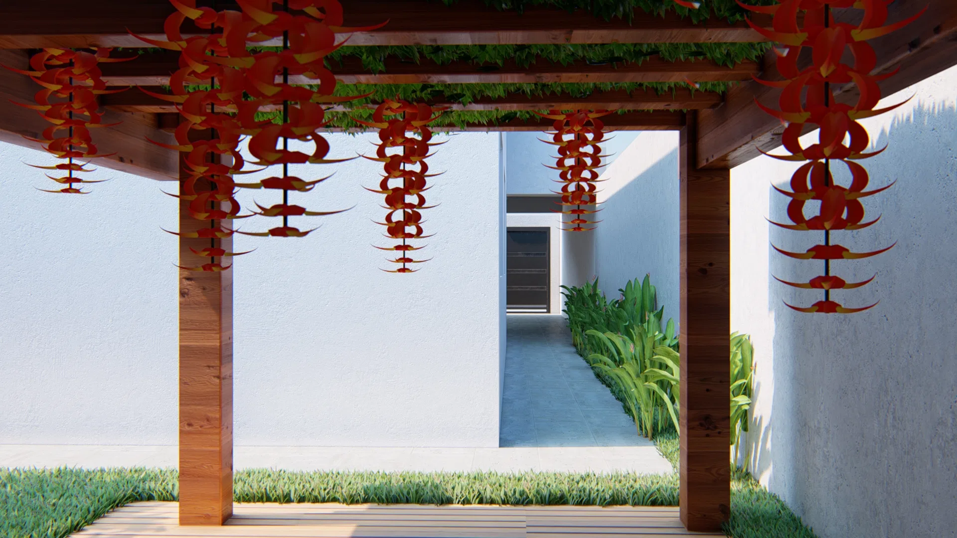 View beneath the pergola with red garlands hanging between the timber beams, framing a patio of pale walls and beds