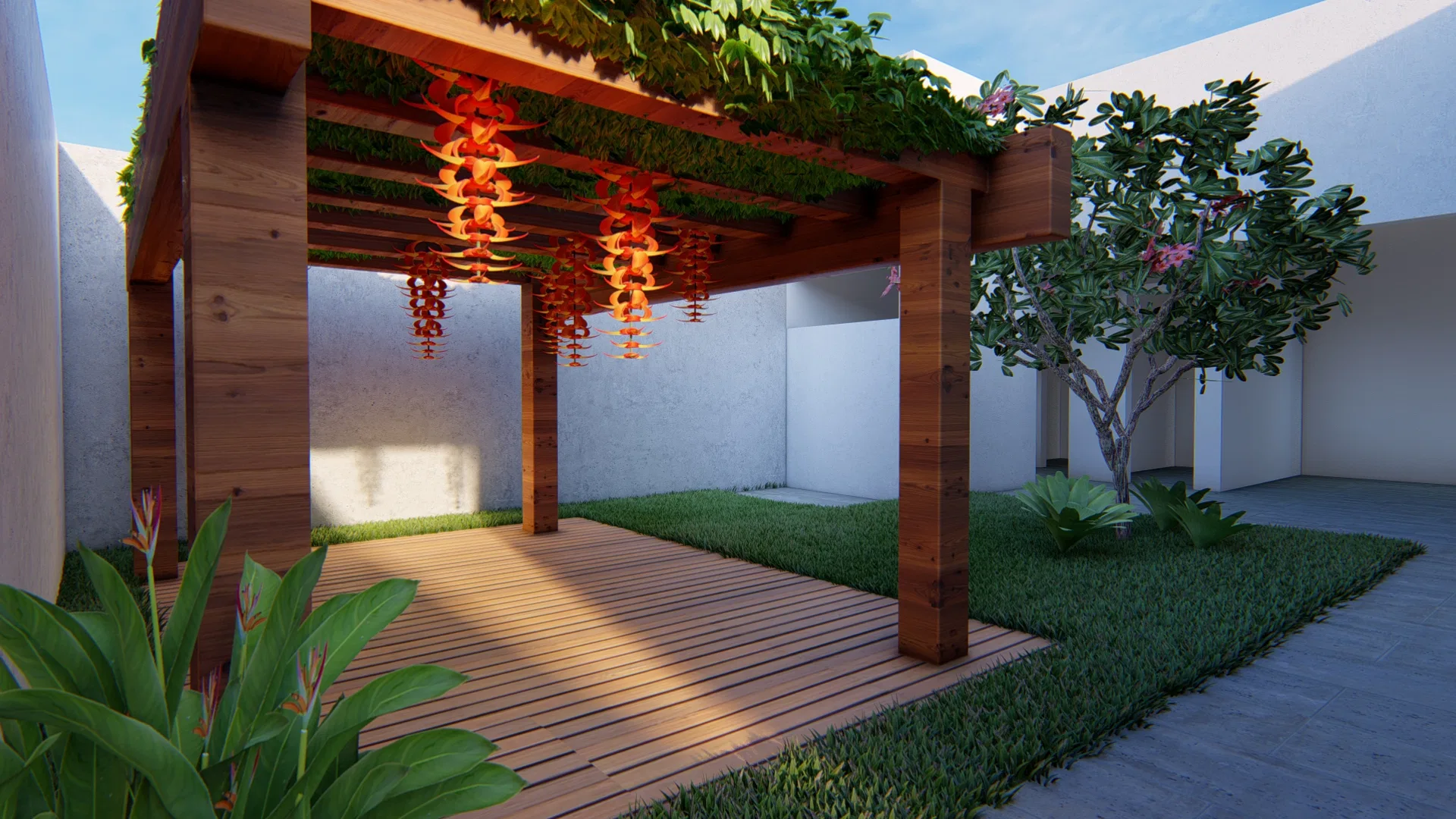 Timber pergola with a green roof and red garlands hanging over the deck, beside a tree of pink blossoms and planting beds
