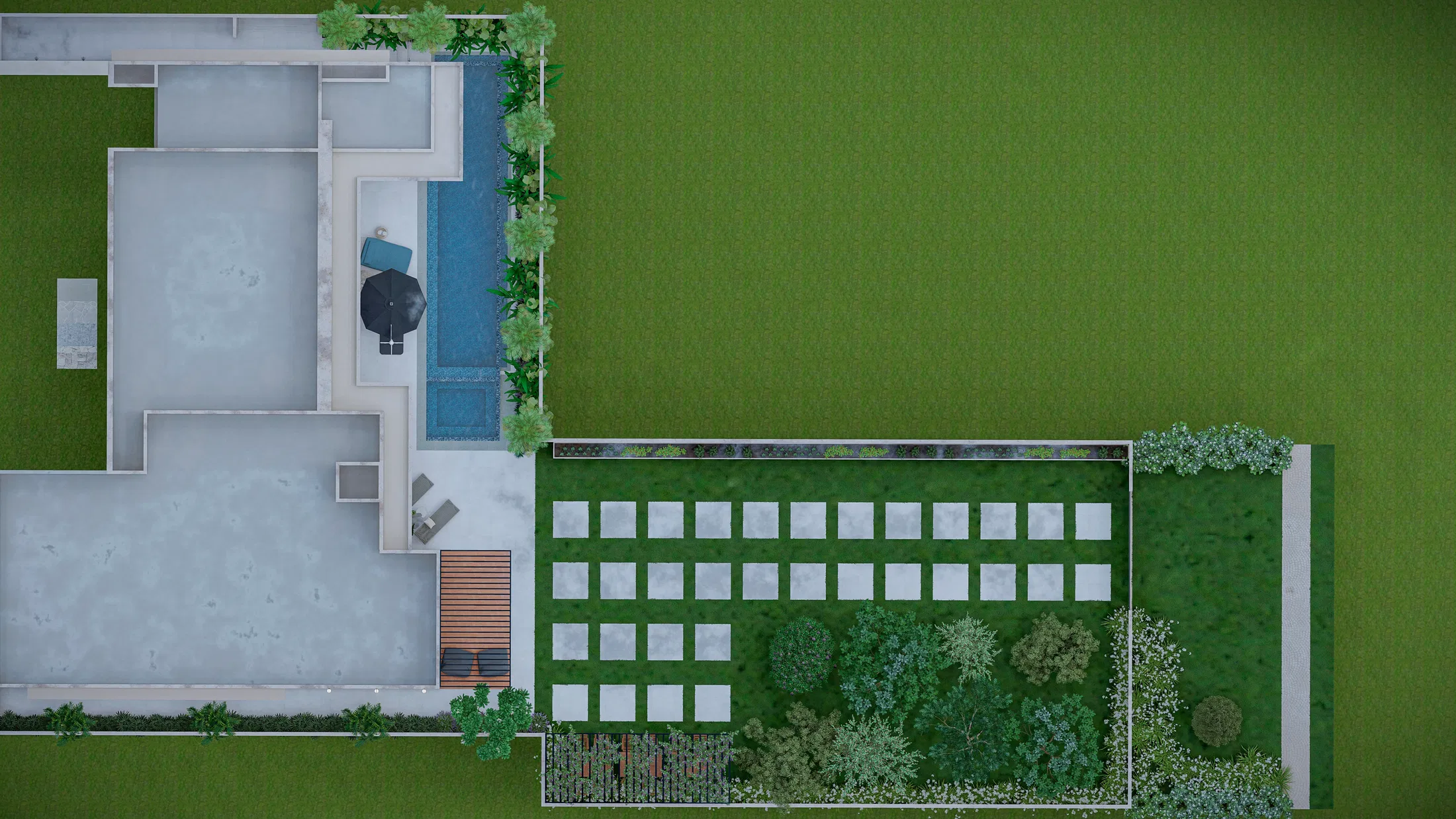 Aerial plan view of the rear with pool, deck, lawn and a regular grid of slabs between planted areas