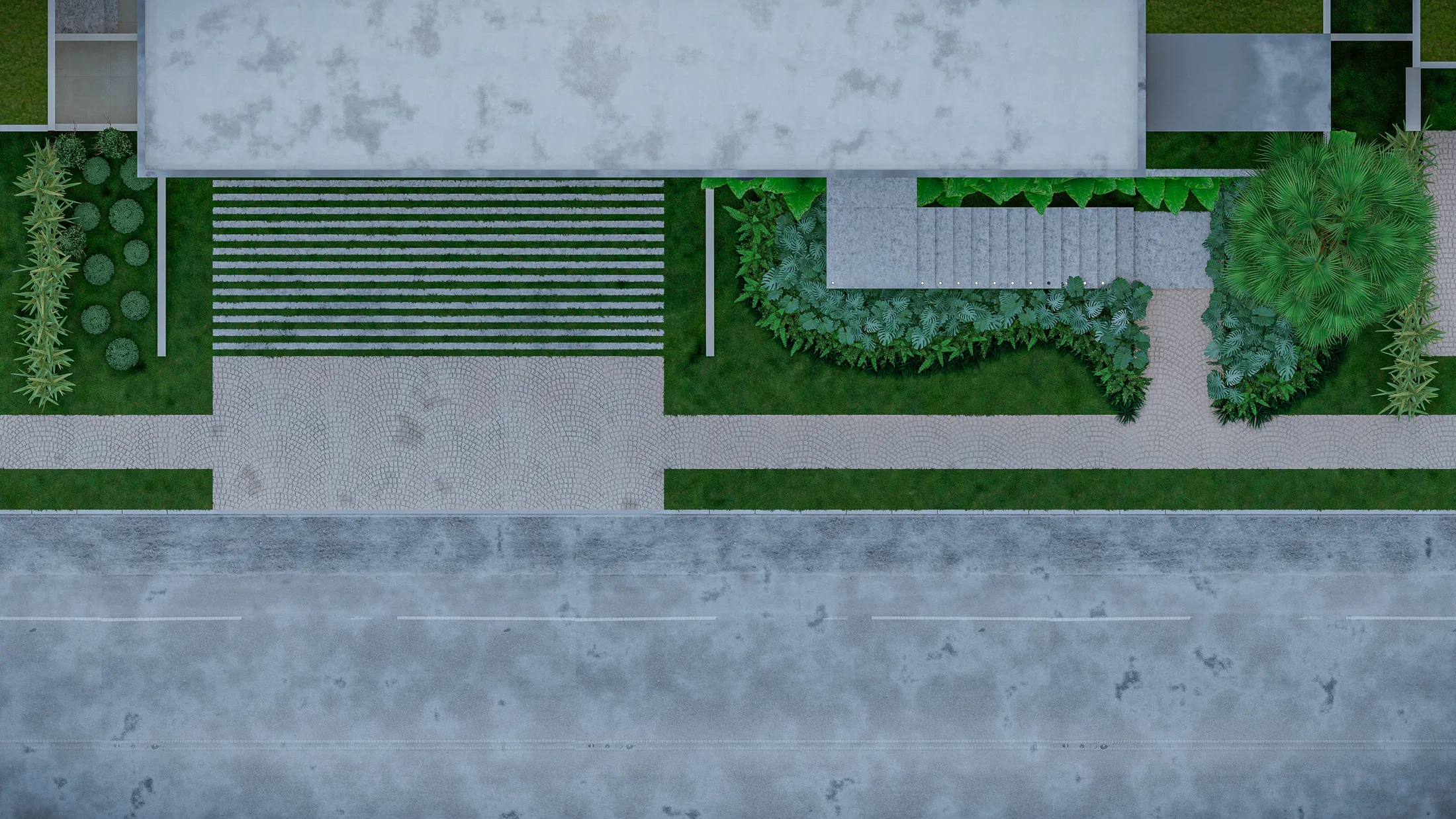 Top-down view of the front area with roof, linear beds, stone paths and bands of lawn beside the street