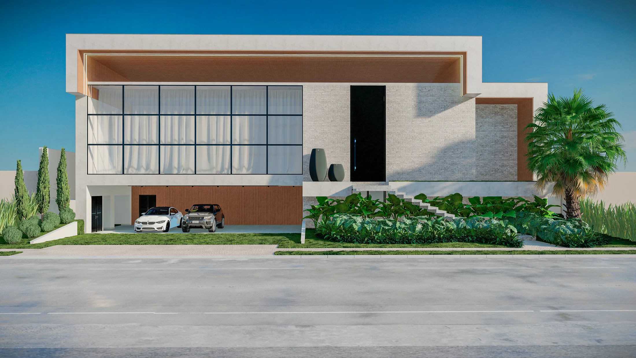 Front of a modern white home with a large glazed opening, a two-car carport, a palm and a tropical bed with steps