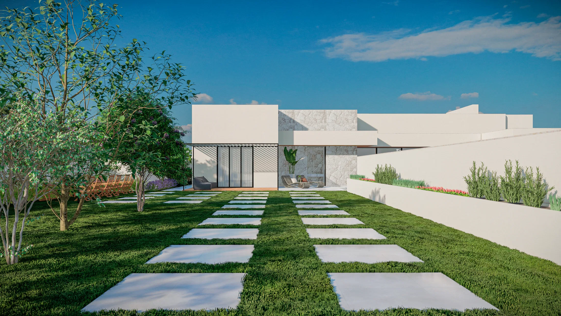 View from the yard toward the white volume with glass doors, a lawn of alternating concrete slabs and a flowering border