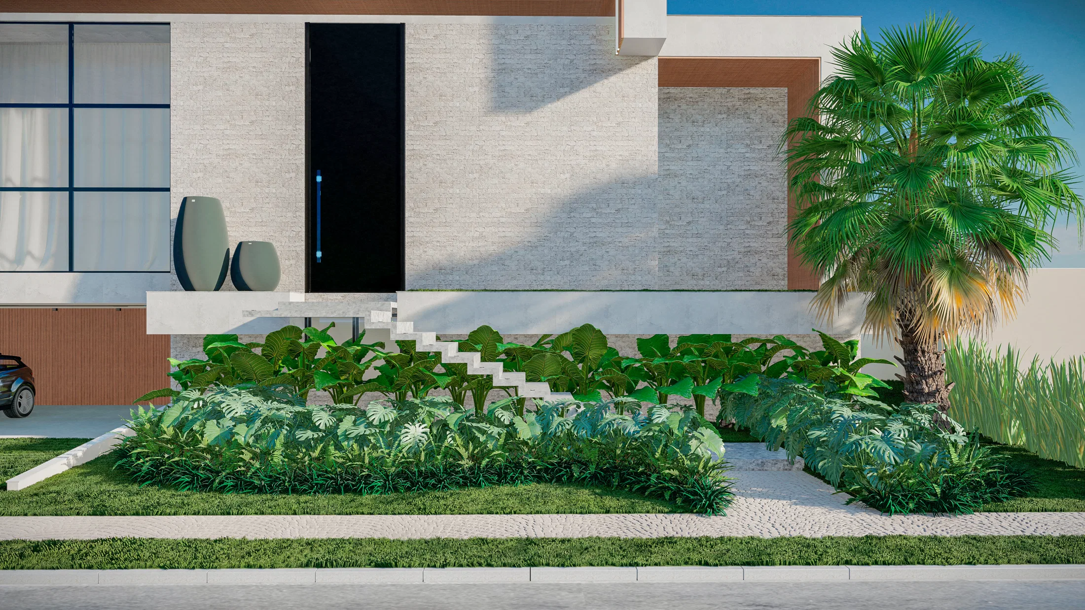 Front bed of tropical foliage and a fan palm before the white-stone entrance, with a dark pivot door