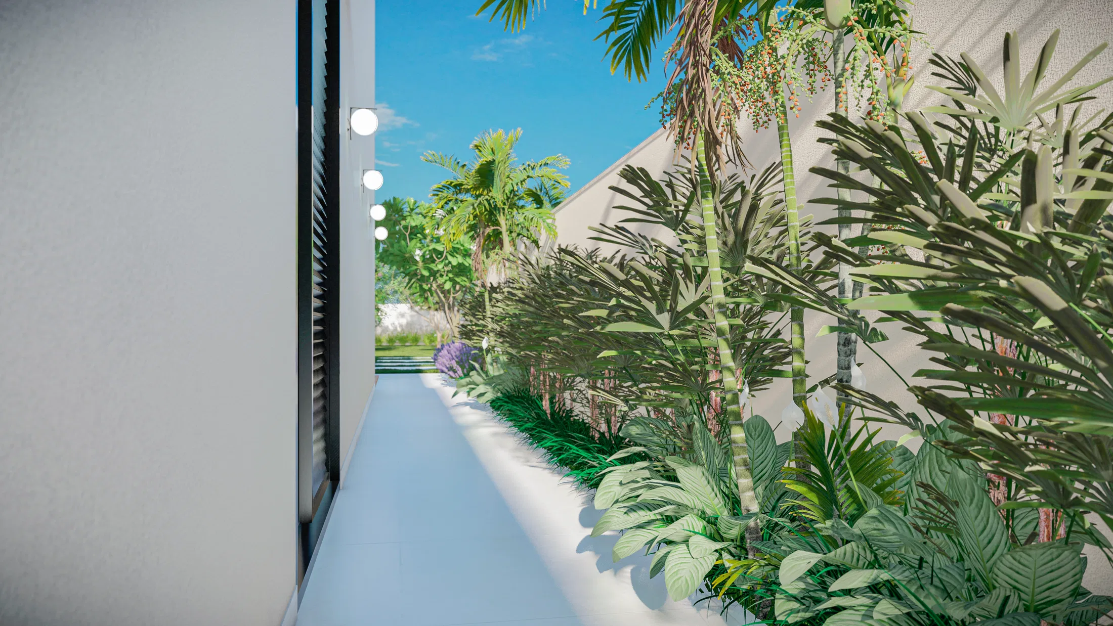 Narrow side passage with a strip of palms and dense foliage along the wall, punctuated by recessed lights