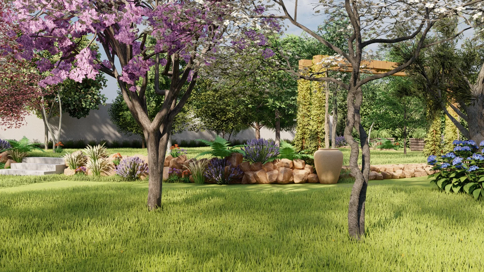 Expansive lawn with pink and white flowering trees, a rock garden bed and an ornamental urn beneath a pergola in the background