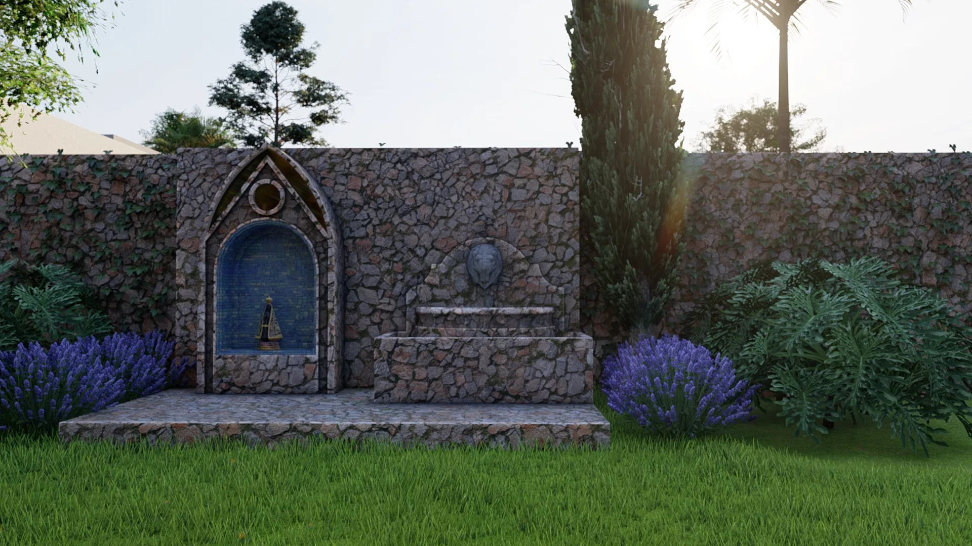 Stone grotto with a devotional niche lined in blue mosaic, flanked by lavender and a fountain with a carved head