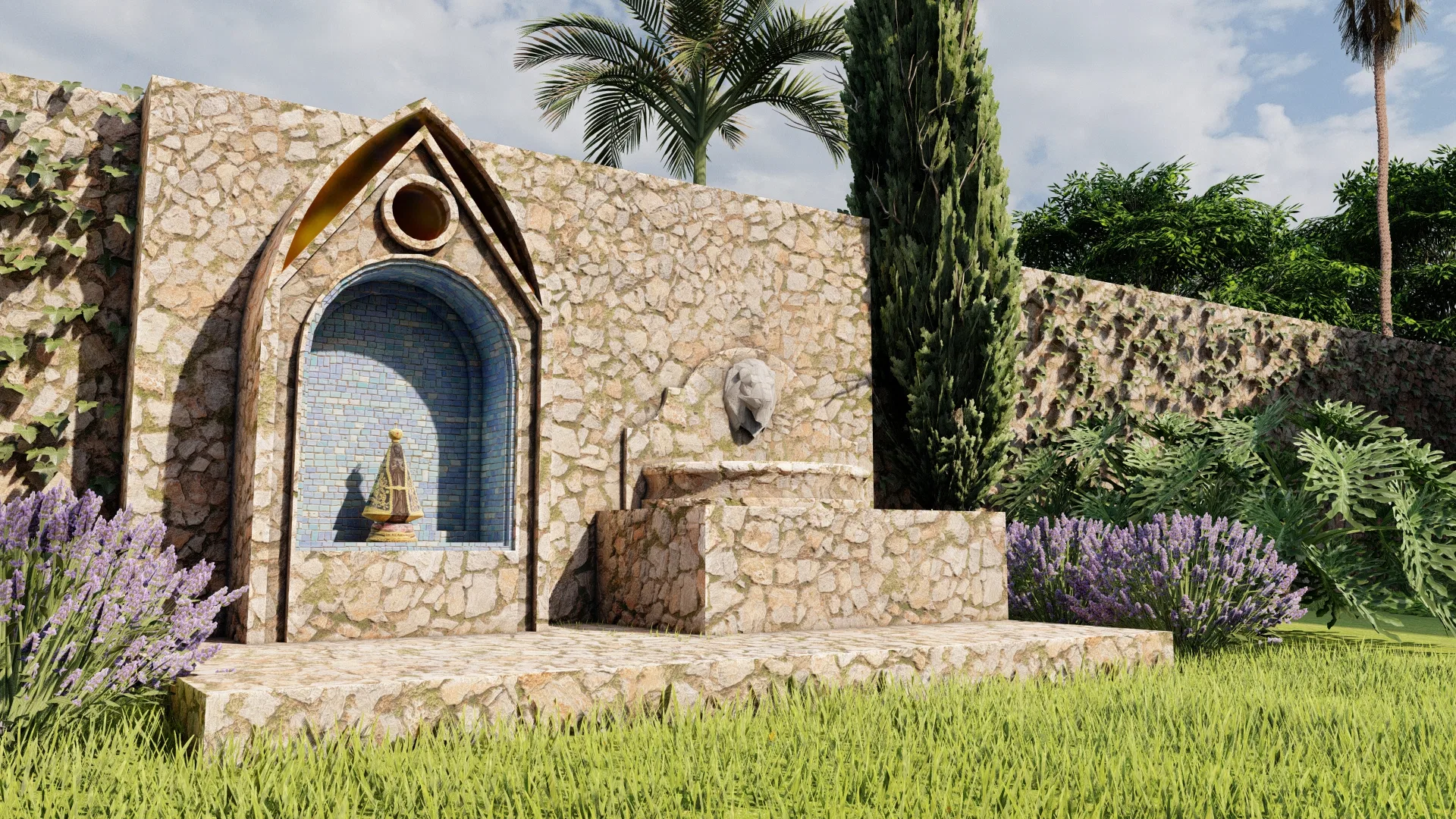 Close-up view of the stone grotto with its devotional niche and carved-head fountain, flanked by lavender
