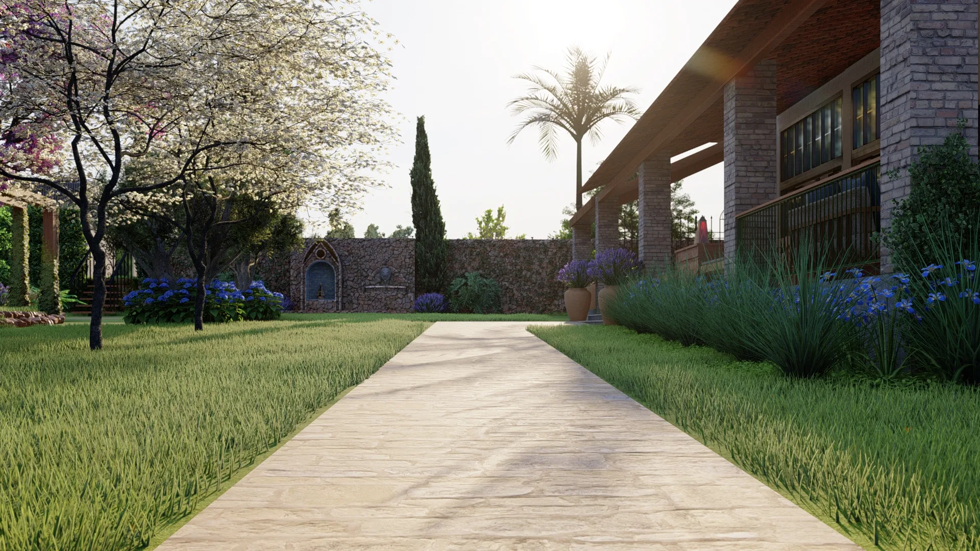 Flowering wall with pink and purple bougainvillea, cypress trees and an access gate with the residence's tiled roof in the background