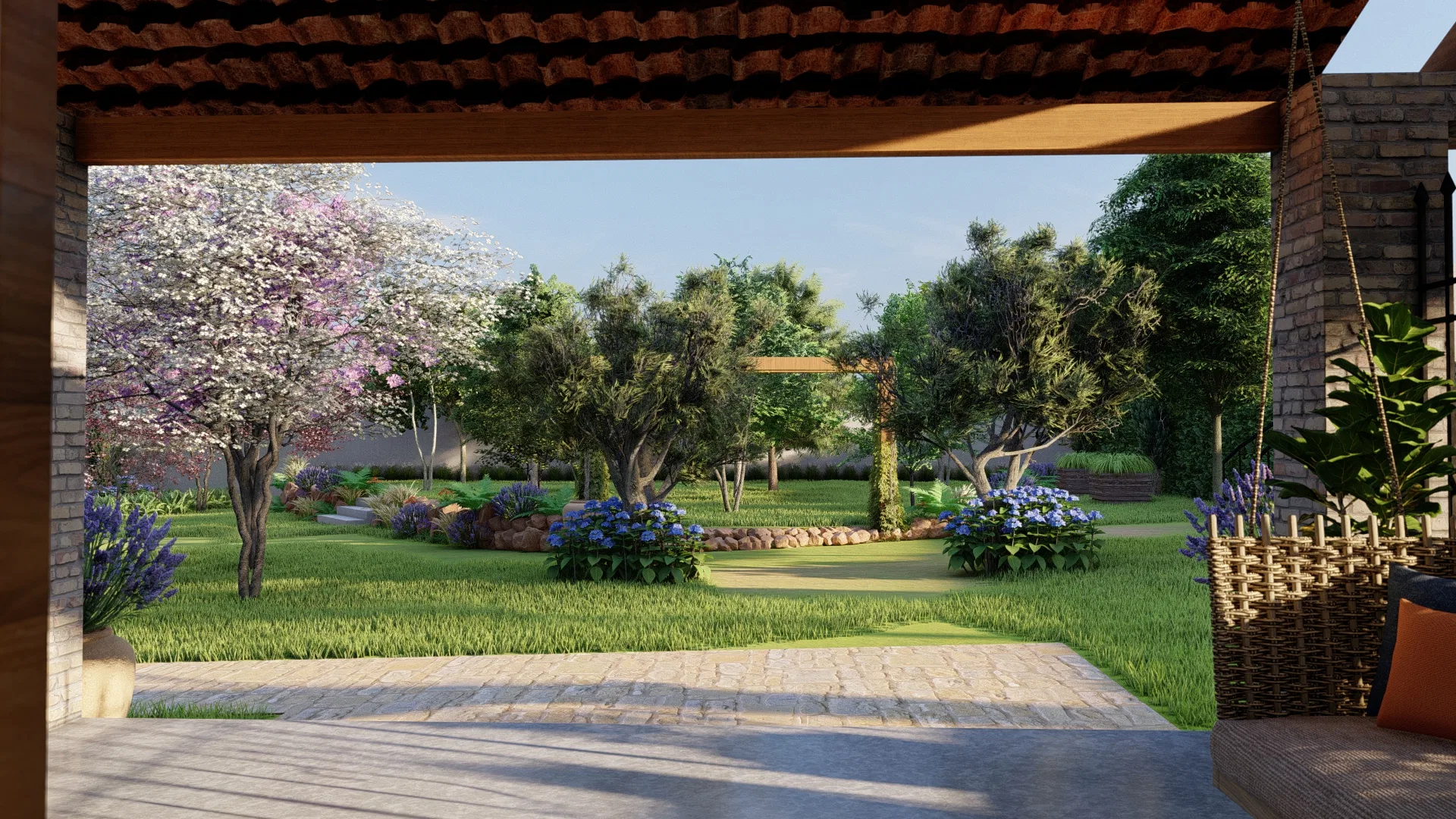 Pergola-covered veranda with hanging pendant lights, a wicker chair and a view of the lawn and palm trees