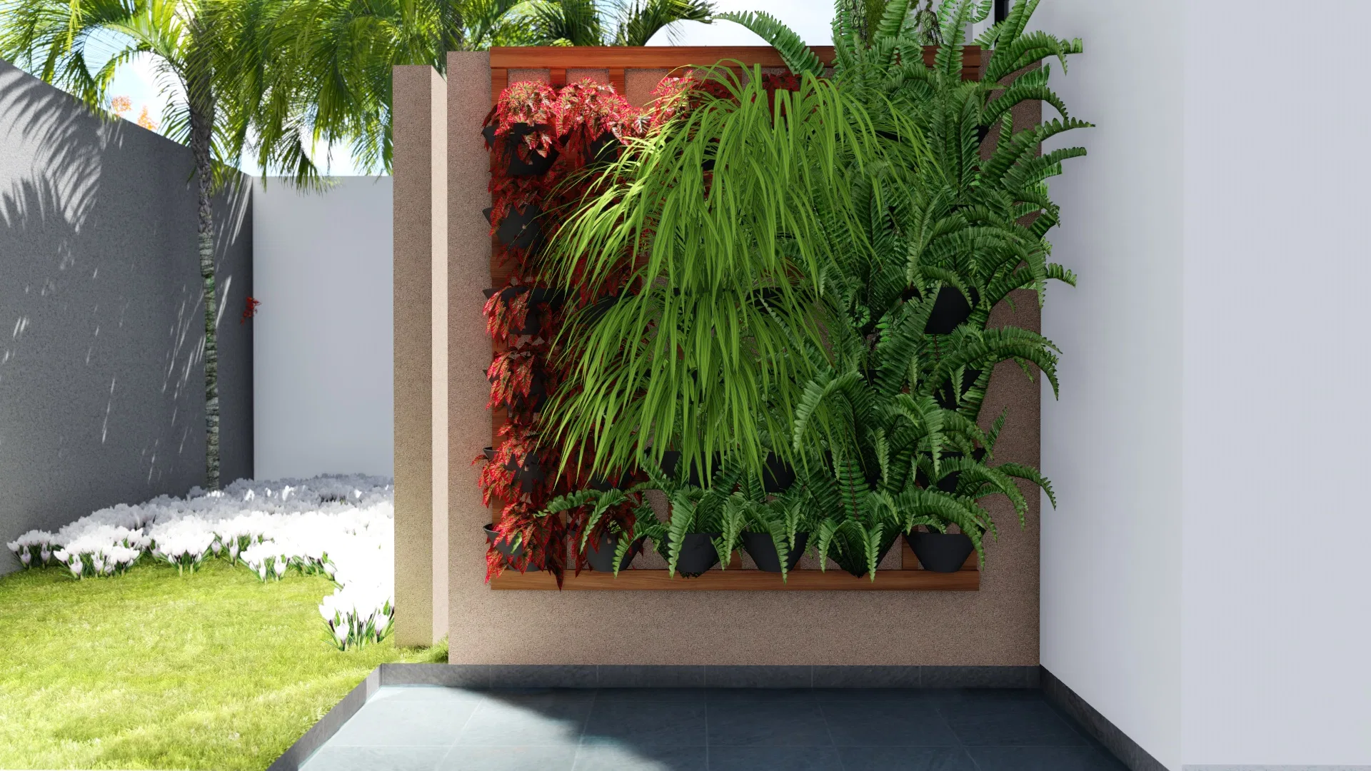 Timber-framed vertical-garden panel with cascading ferns and reddish foliage, beside a bed of white flowers in the lawn