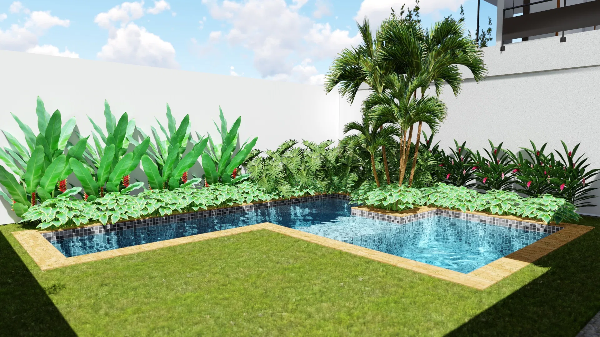 L-shaped pool with blue tiling ringed by tropical beds of bananas, heliconias and palms over the lawn