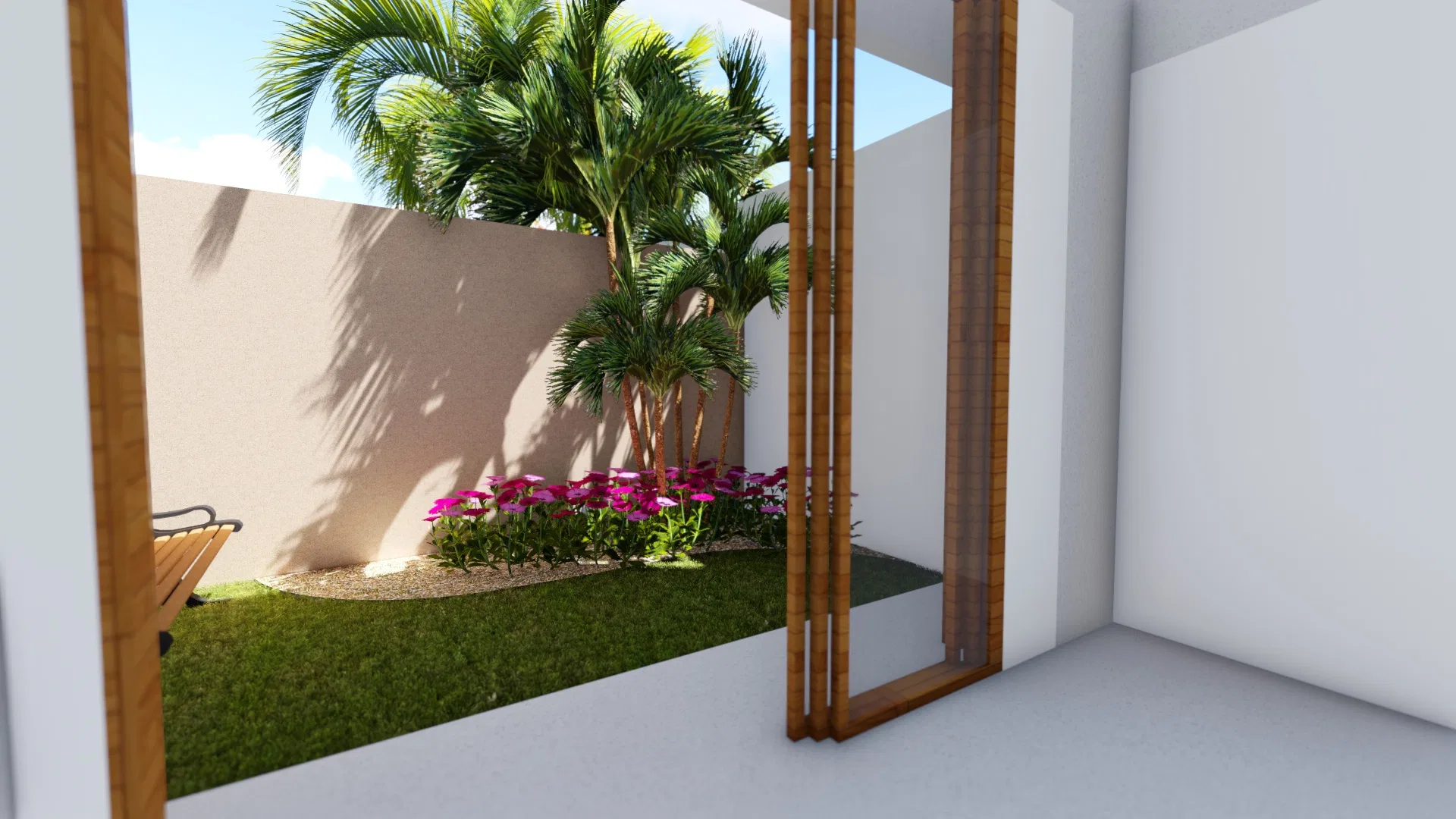 View from timber-framed glass doors to a side garden with palms and a bed of magenta flowers over a stone border