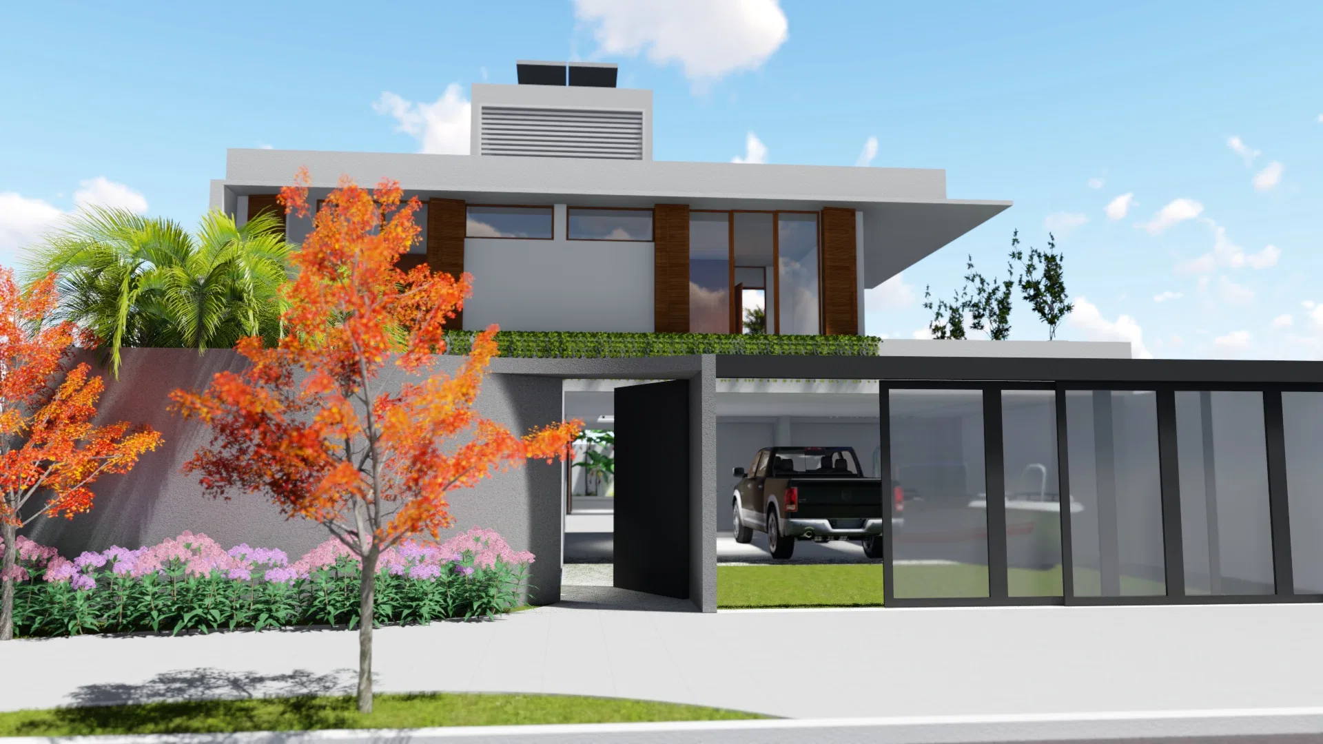 Two-storey contemporary house facade with timber details, a glazed garage and an orange-foliage tree over a bed of pink flowers