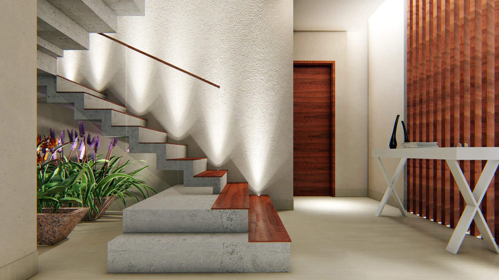 Concrete staircase with lighting embedded in the steps, a side planter with purple flowers and a wood door