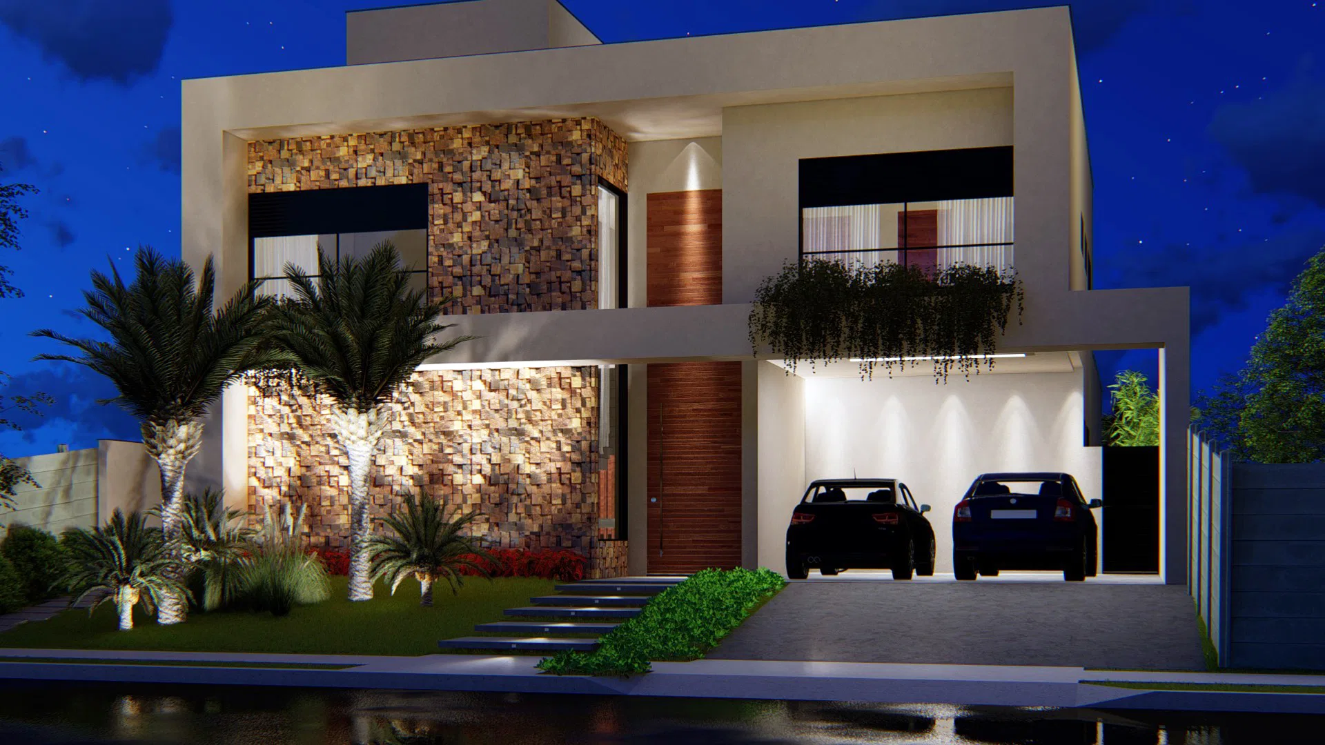 Night facade of a contemporary house with stone-tile cladding, illuminated palm trees and a covered garage