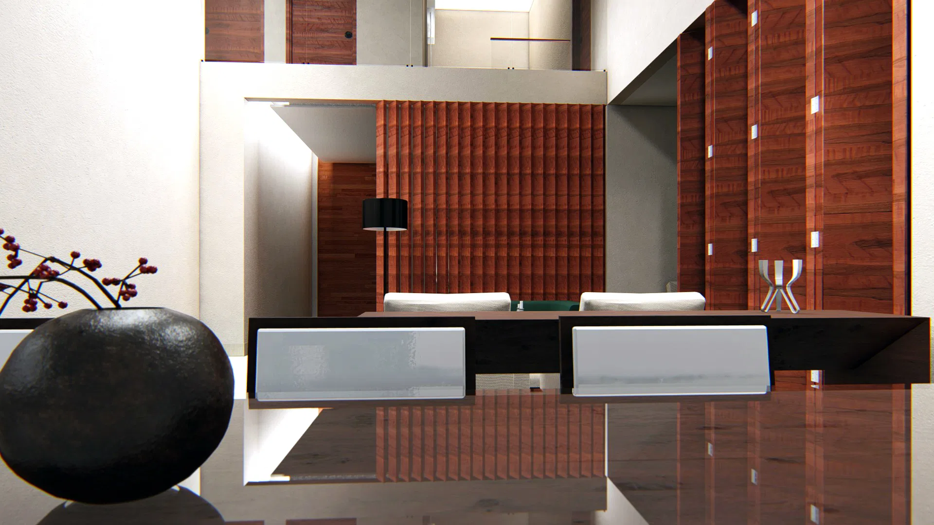 Interior hall with a wood-slat panel, a console table with a vase and a dining table reflected on the polished floor