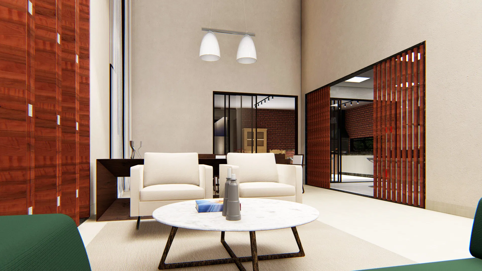 Double-height living room with white armchairs, a marble coffee table and a slatted panel in the background