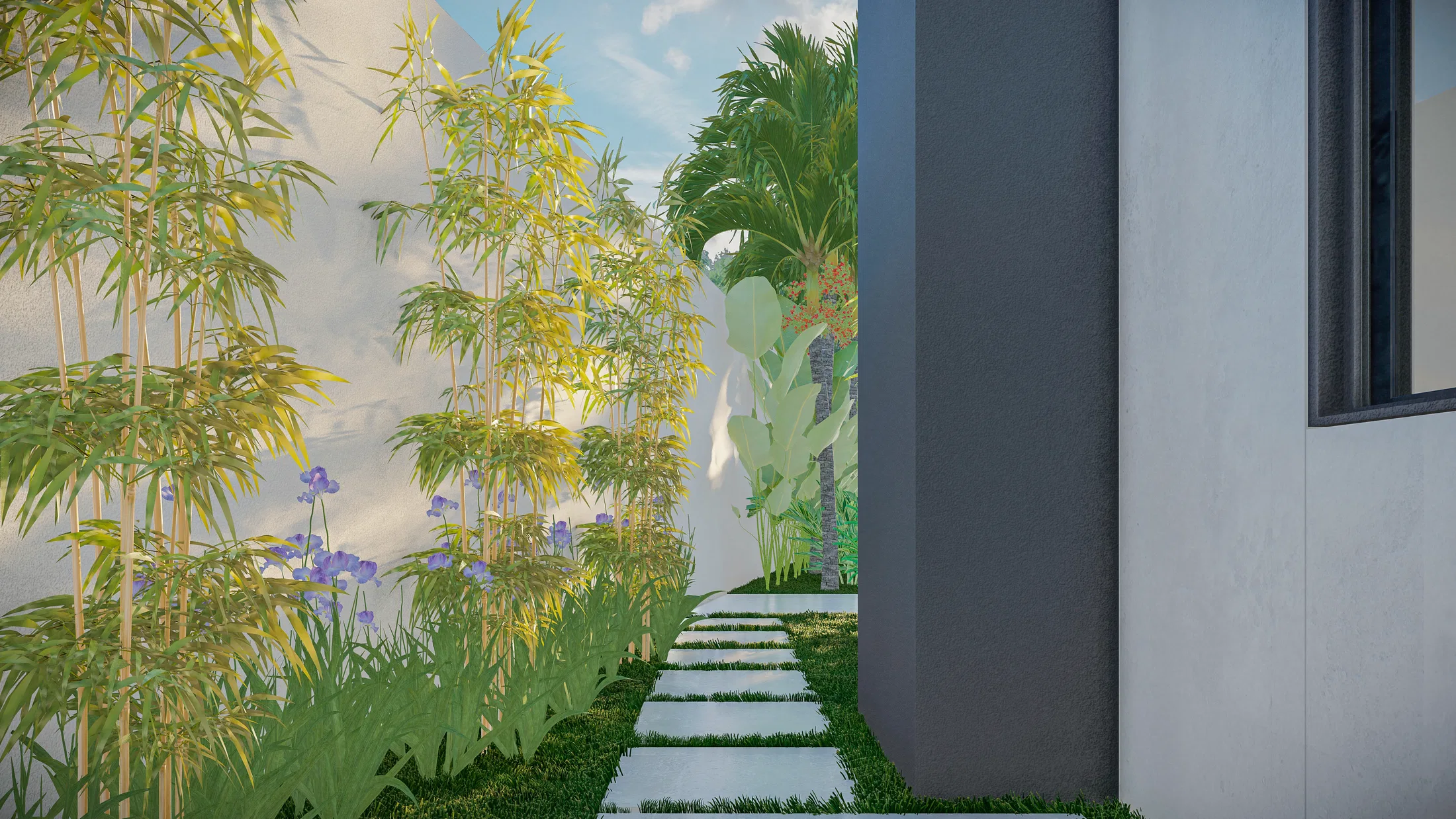 Side passage with a bamboo clump and purple irises, banana plants and a stepping-stone path with grass joints running along the grey house wall.