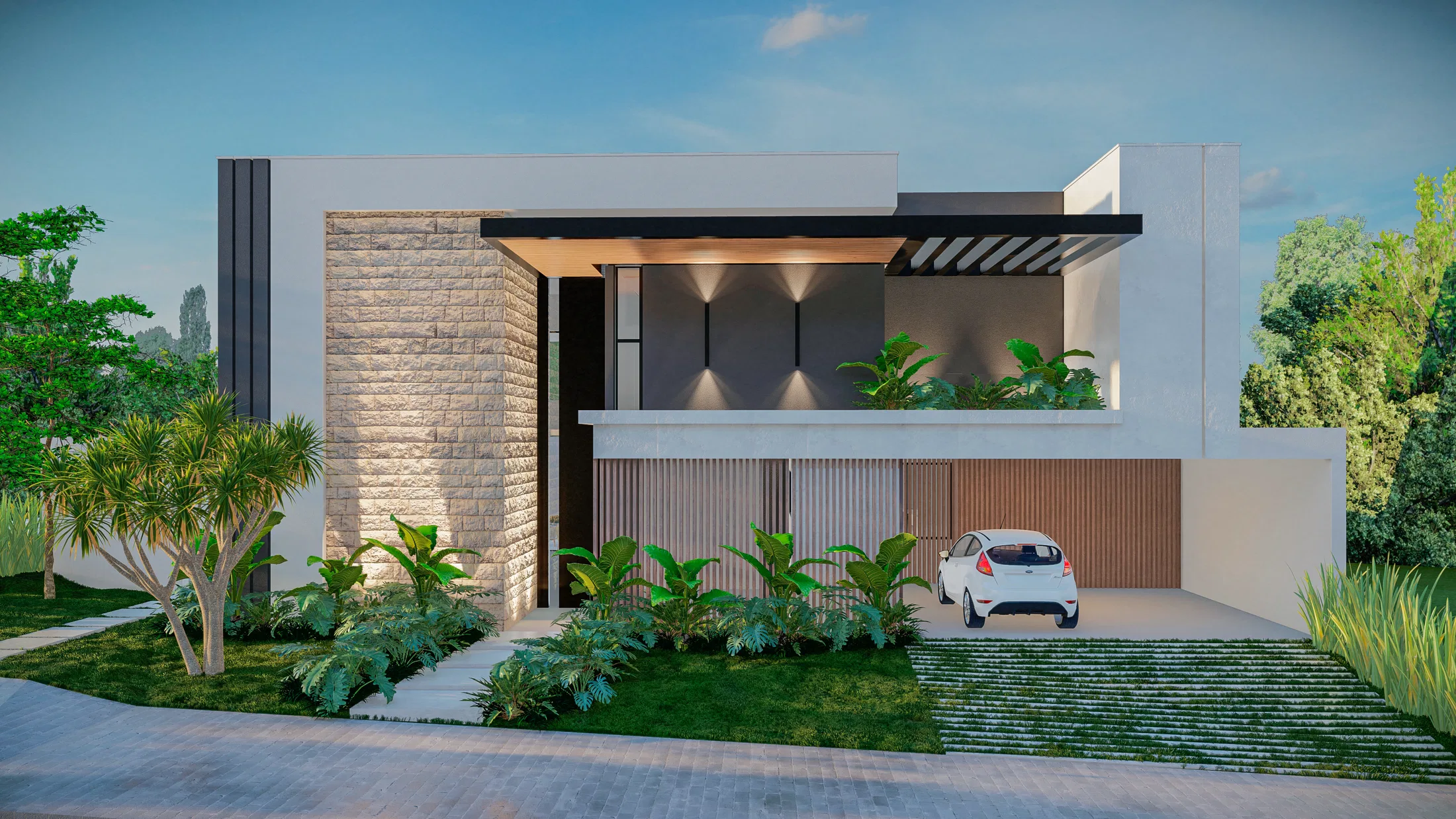 Front elevation of the home with white volumes, a stone-clad column, a slatted carport holding a white car and tropical beds by the entrance.
