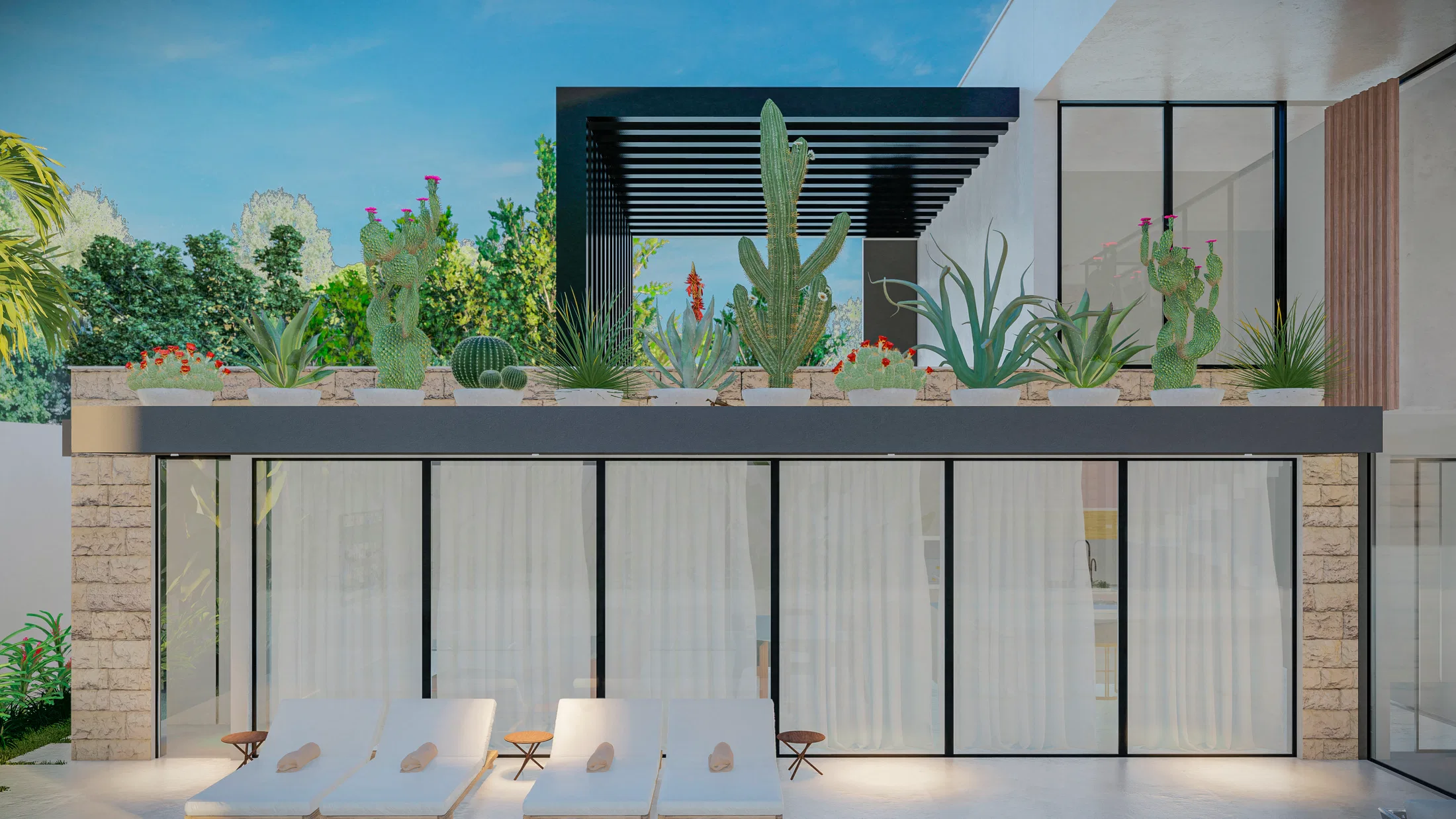 Rear terrace with glazing and sheer curtains, three white sunloungers and, on the roof above, a garden of cacti, agaves and succulents beneath a dark pergola.