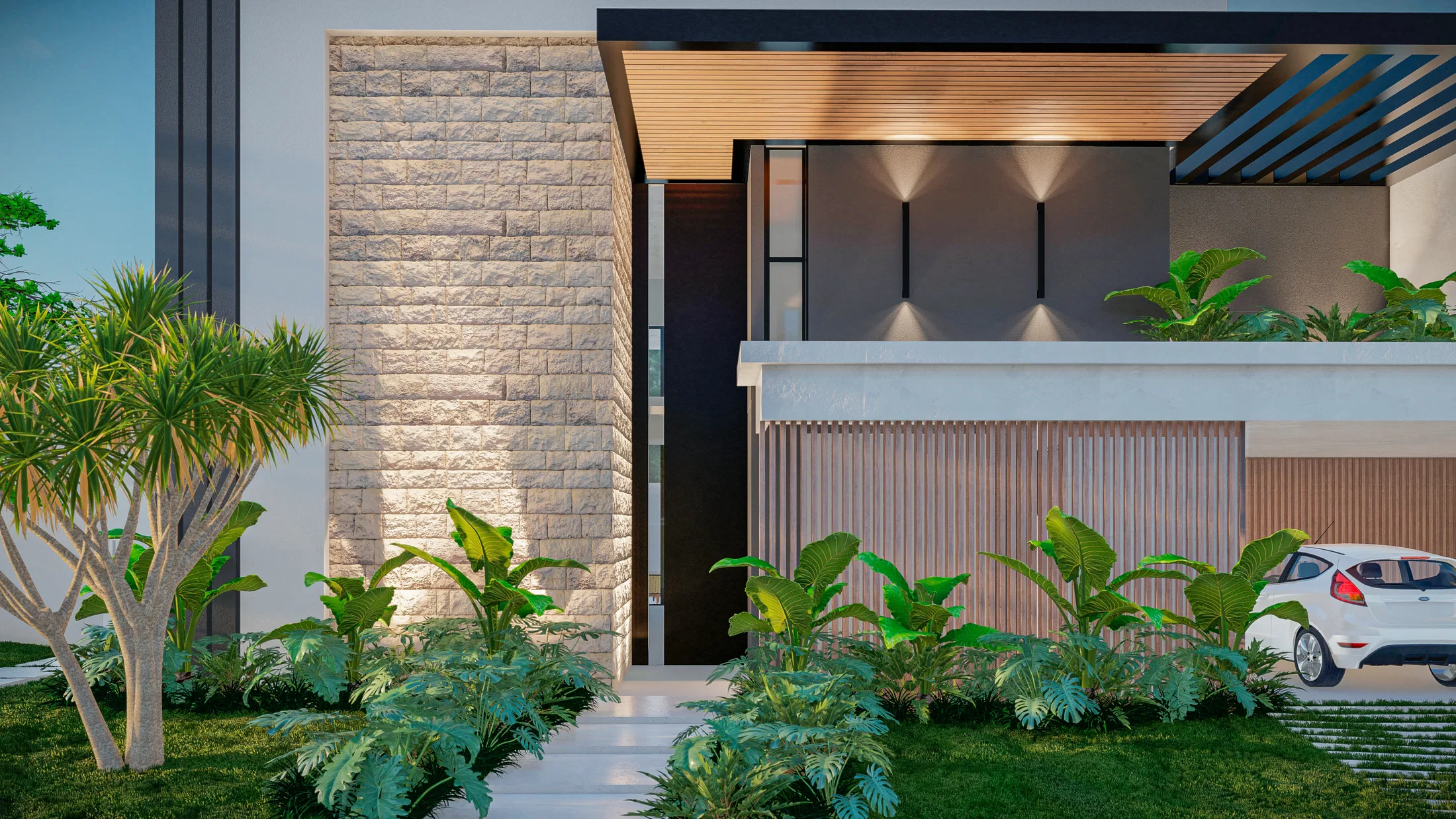Main entrance of a modern house, with an uplit stone panel, a dark pivot door, timber slats and tropical foliage at dusk.