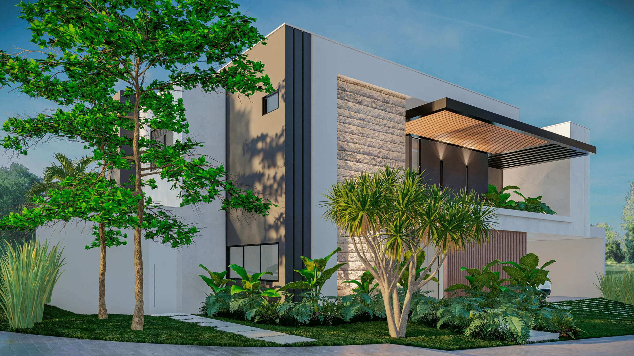 Corner perspective of the house, with white walls, a stone panel, a slatted pergola over the entry and a tree's shadow cast on the facade.