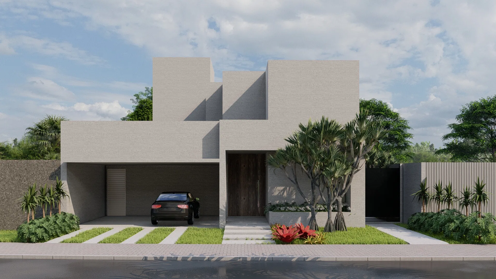Contemporary house facade with staggered white volumes, a covered carport, a black gate and an entrance bed with red bromeliads.