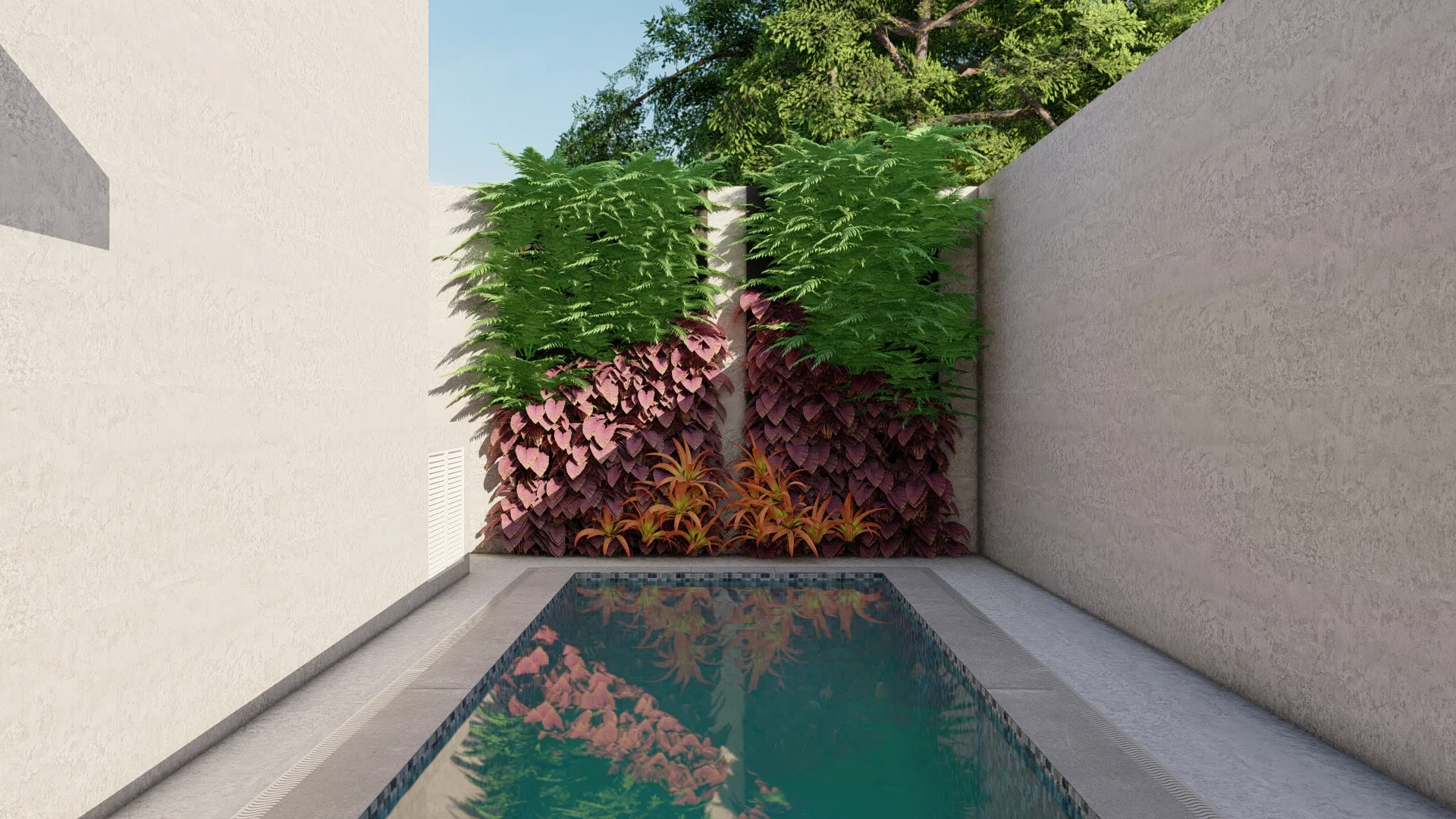 Pool corner framed by a living green wall of ferns and purple foliage, reflected in the water.