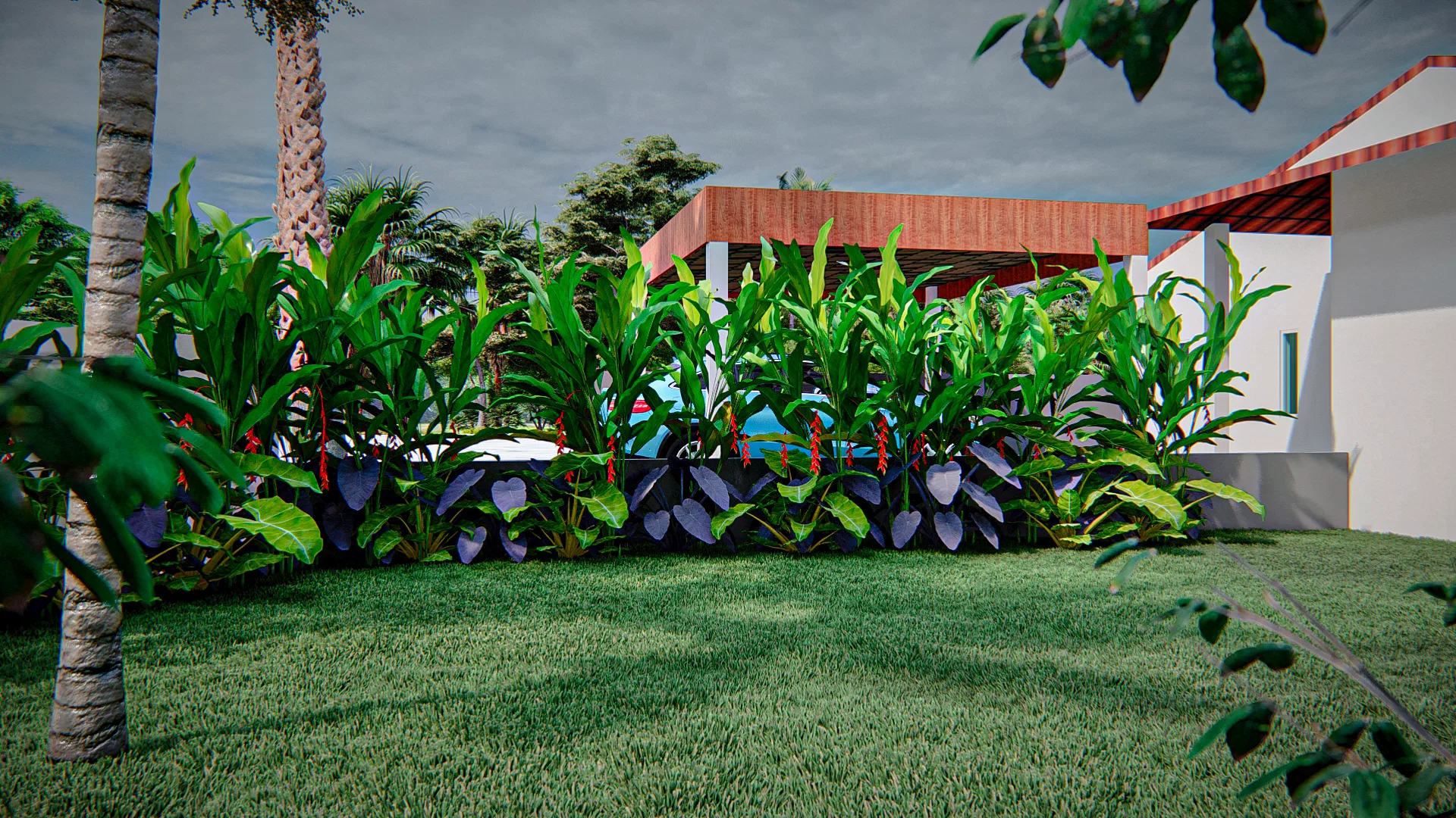 Planting bed with green and purple tropical foliage, red flowers and a palm tree beside trimmed lawn