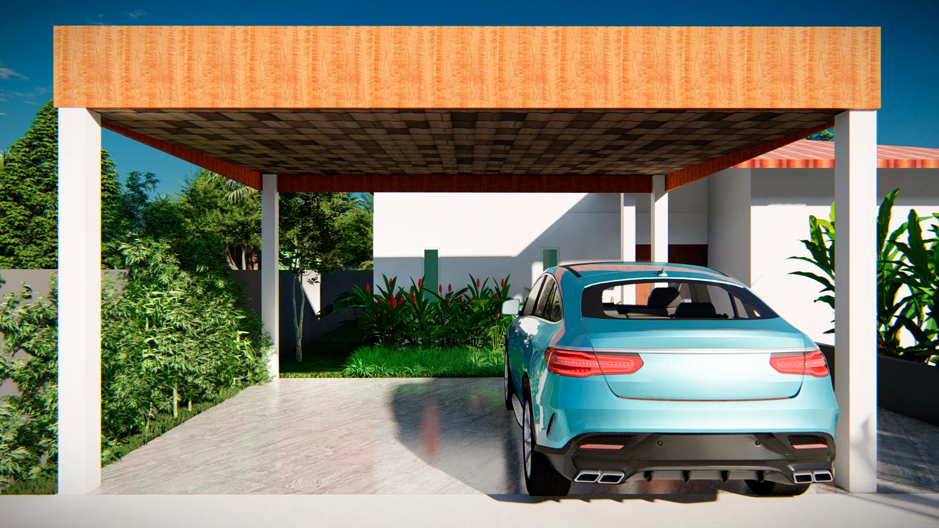 Carport with a wood-slat roof and ribbed concrete flooring, a car parked beside a side garden