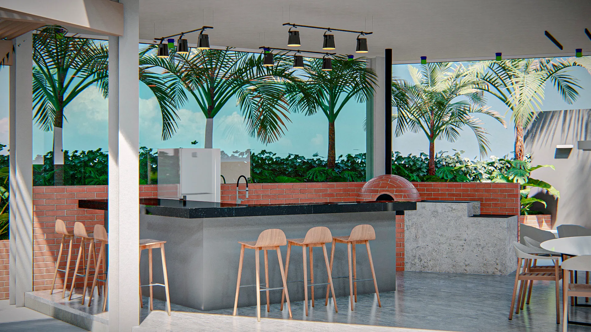 Covered gourmet area with a dark granite counter, exposed brick, a pizza oven and wooden stools