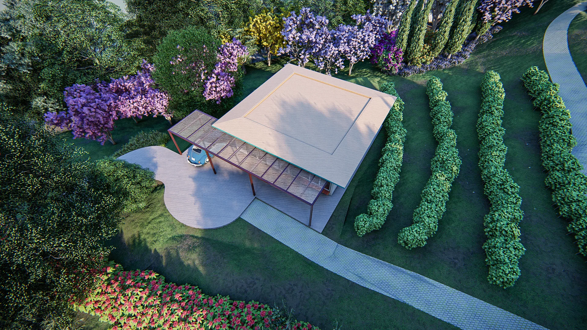 Aerial view of a square pergola beside rows of clipped cypress trees, flowering beds and a winding stone path.