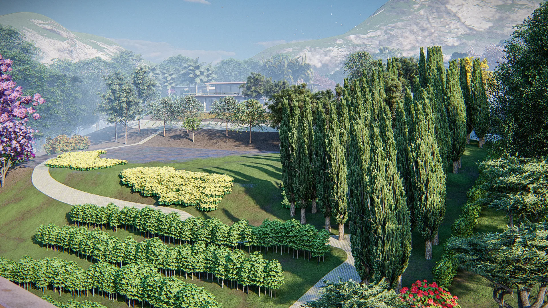 Aerial view of the garden with rows of cypress trees and yellow flower beds, mountains in the background under a cloudy sky.