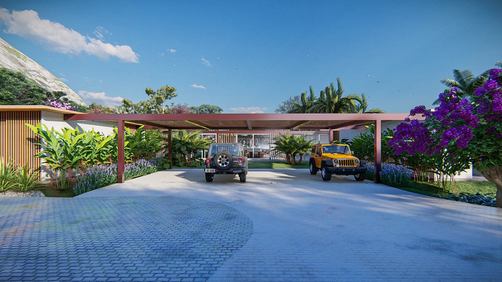 Wood-pergola-covered carport entrance, with two vehicles parked amid flowering gardens and purple bougainvillea.