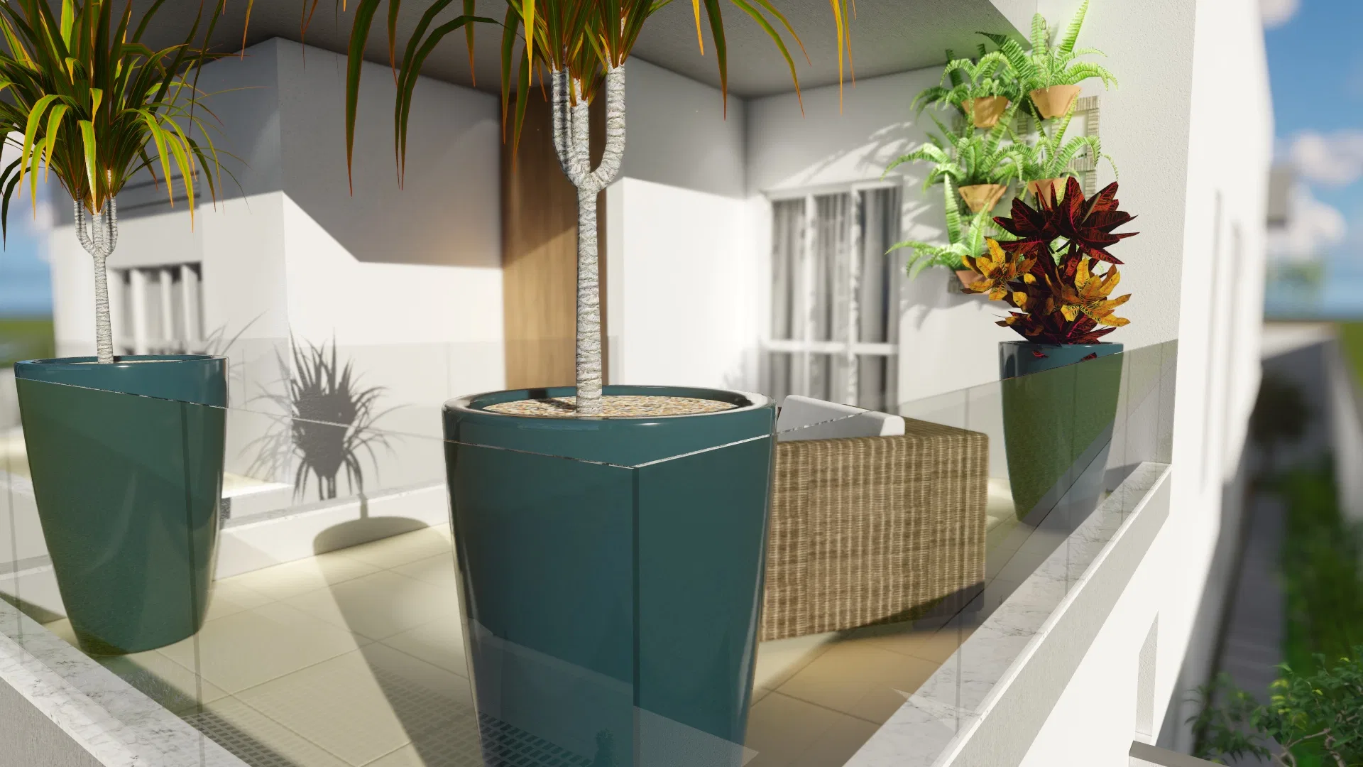 Balcony with glossy teal planters holding palms and dracaenas, a woven bench and wall-mounted pots of ferns and colourful croton