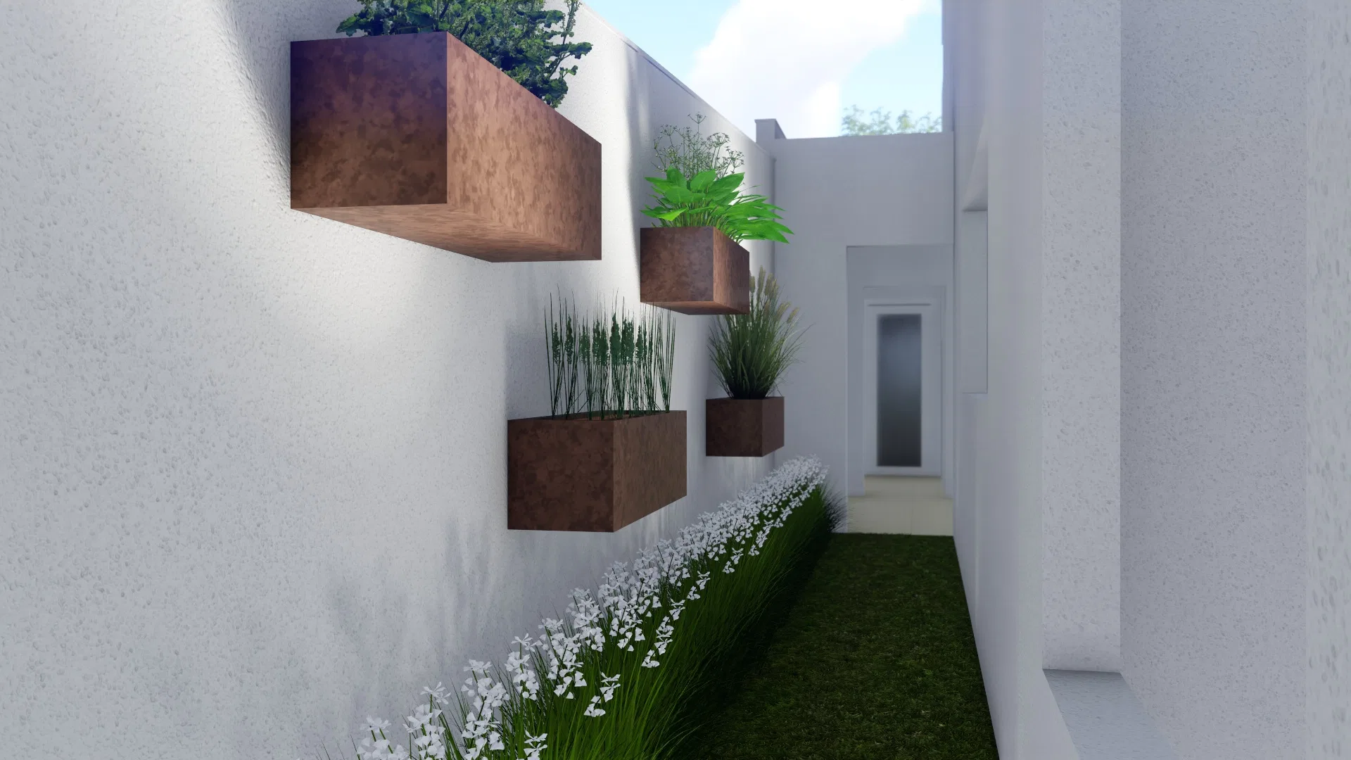 Narrow walkway with cube planters cantilevered from the wall, a band of white flowers and grasses and a lawn path leading to a far door