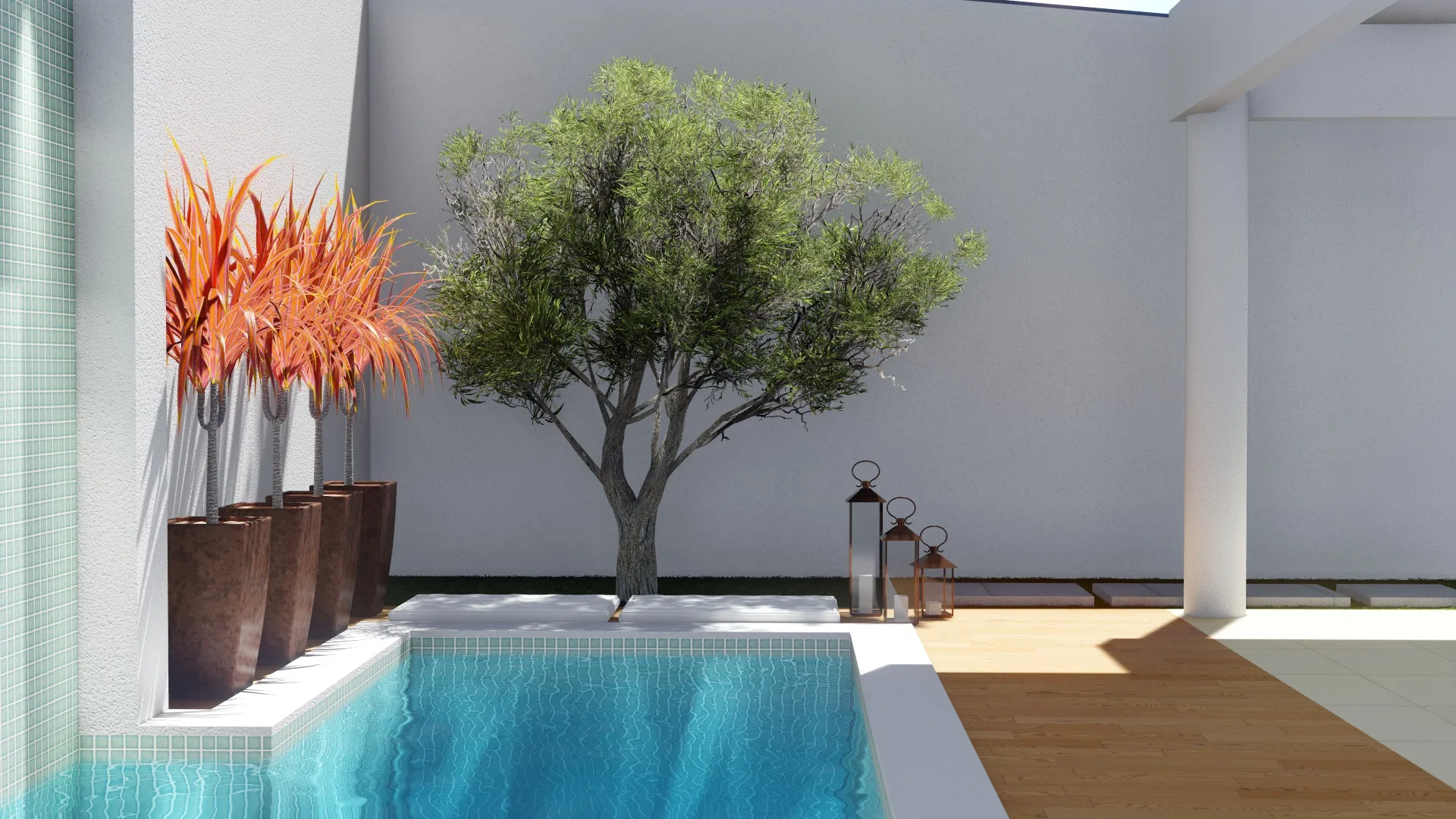 Poolside with a central olive tree, a row of dark planters holding orange foliage, decorative lanterns and a timber deck in late-afternoon light