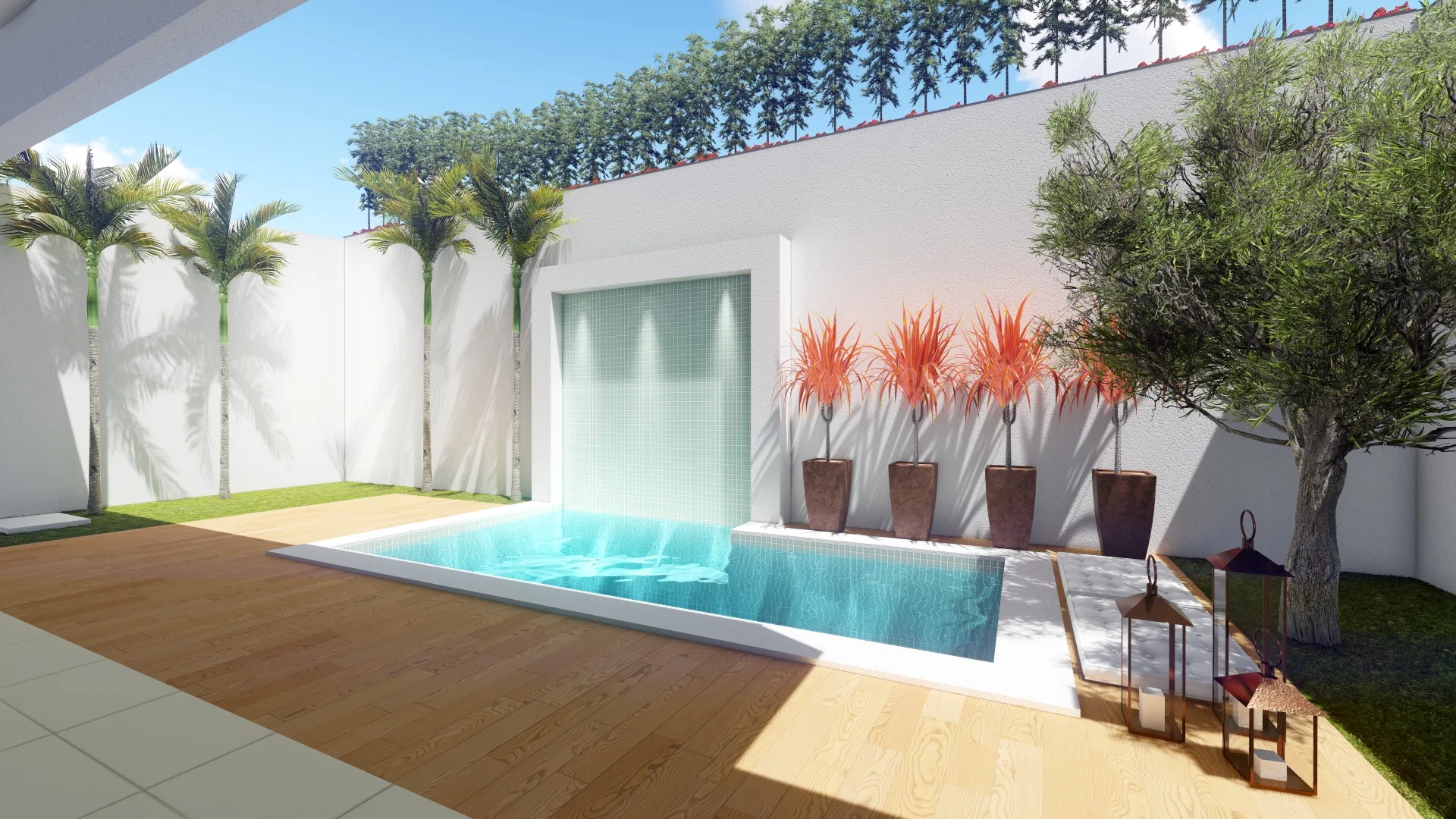 Lap pool with a timber deck, a mosaic waterfall wall, palms along the boundary and tall dark planters with orange-leaved foliage