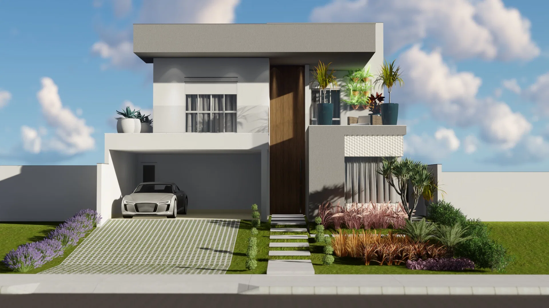 Contemporary two-storey house in white volumes, a wood entrance door, a carport with a sports car and an access garden of lavender and grasses