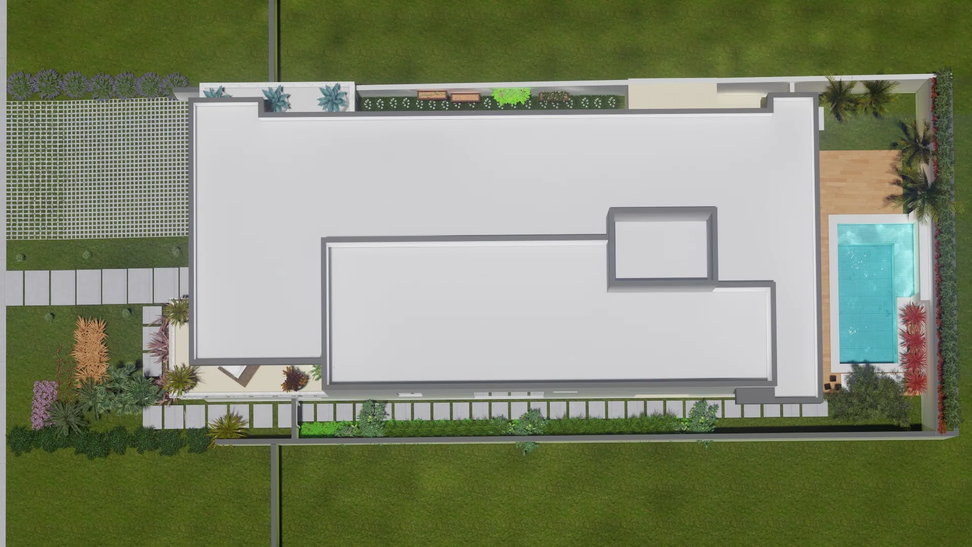 Aerial view of the plot showing the house roof, perimeter gardens, a corner swimming pool and broad lawns