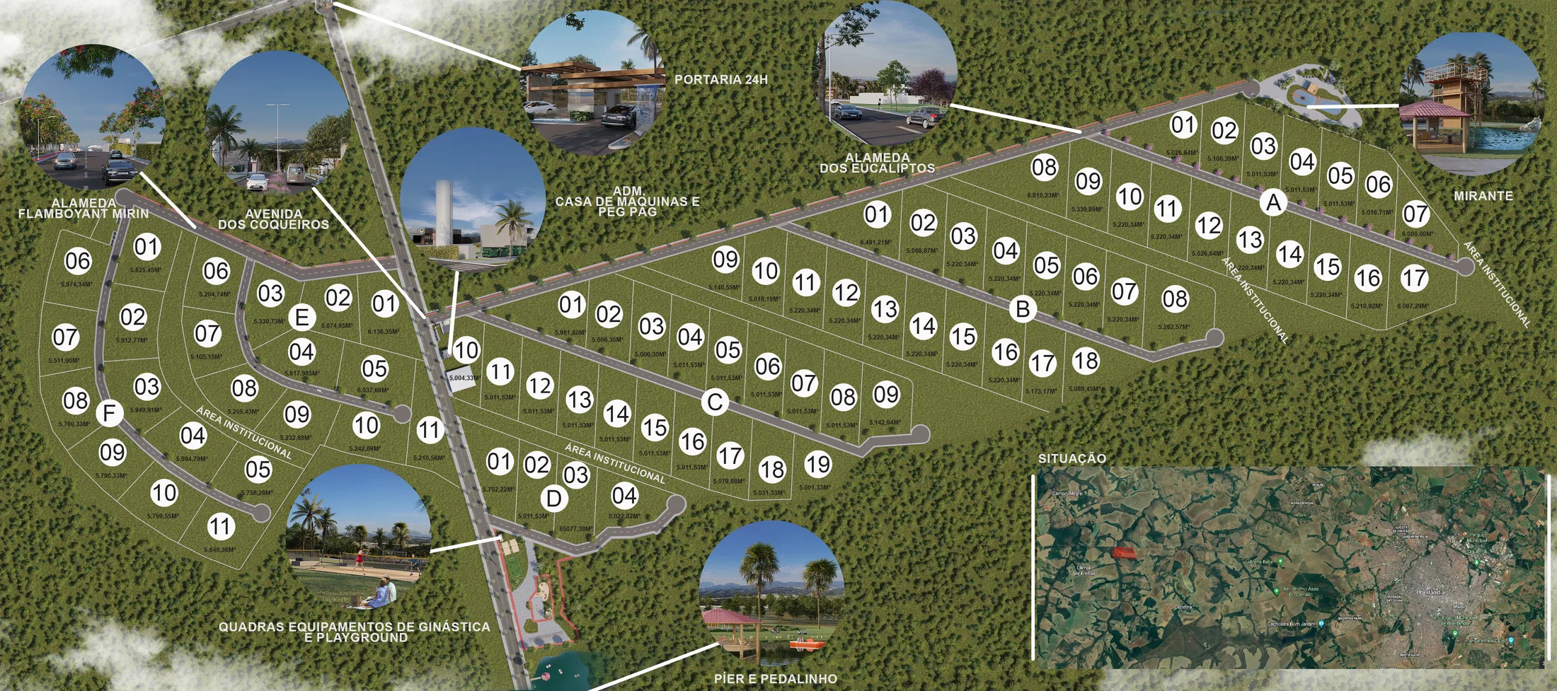 Illustrated aerial masterplan of the condominium, showing numbered lots, tree-lined avenues and leisure facilities