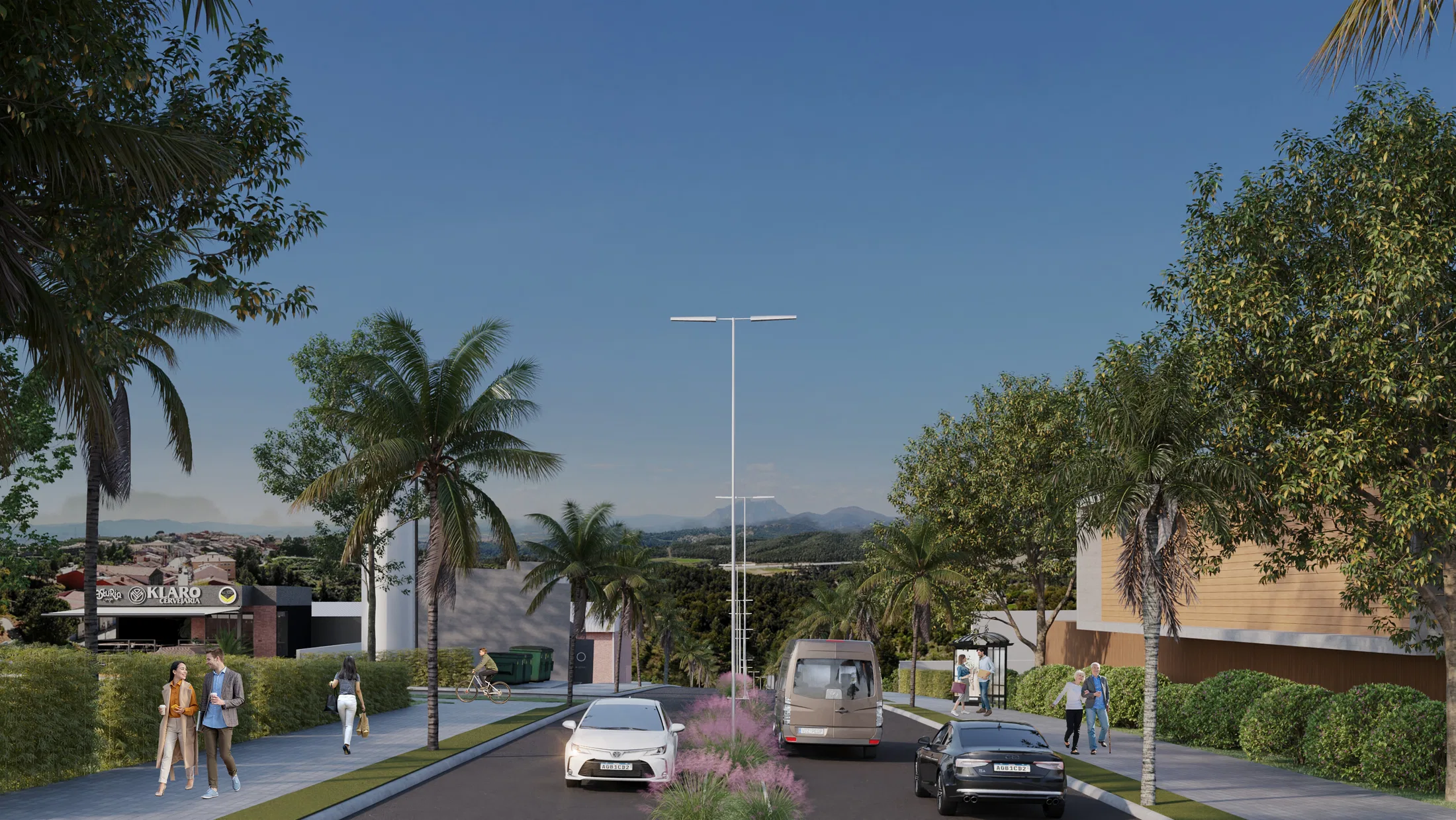 Tree-lined internal street of the condominium with pedestrians, parked cars and houses in the background under a blue sky