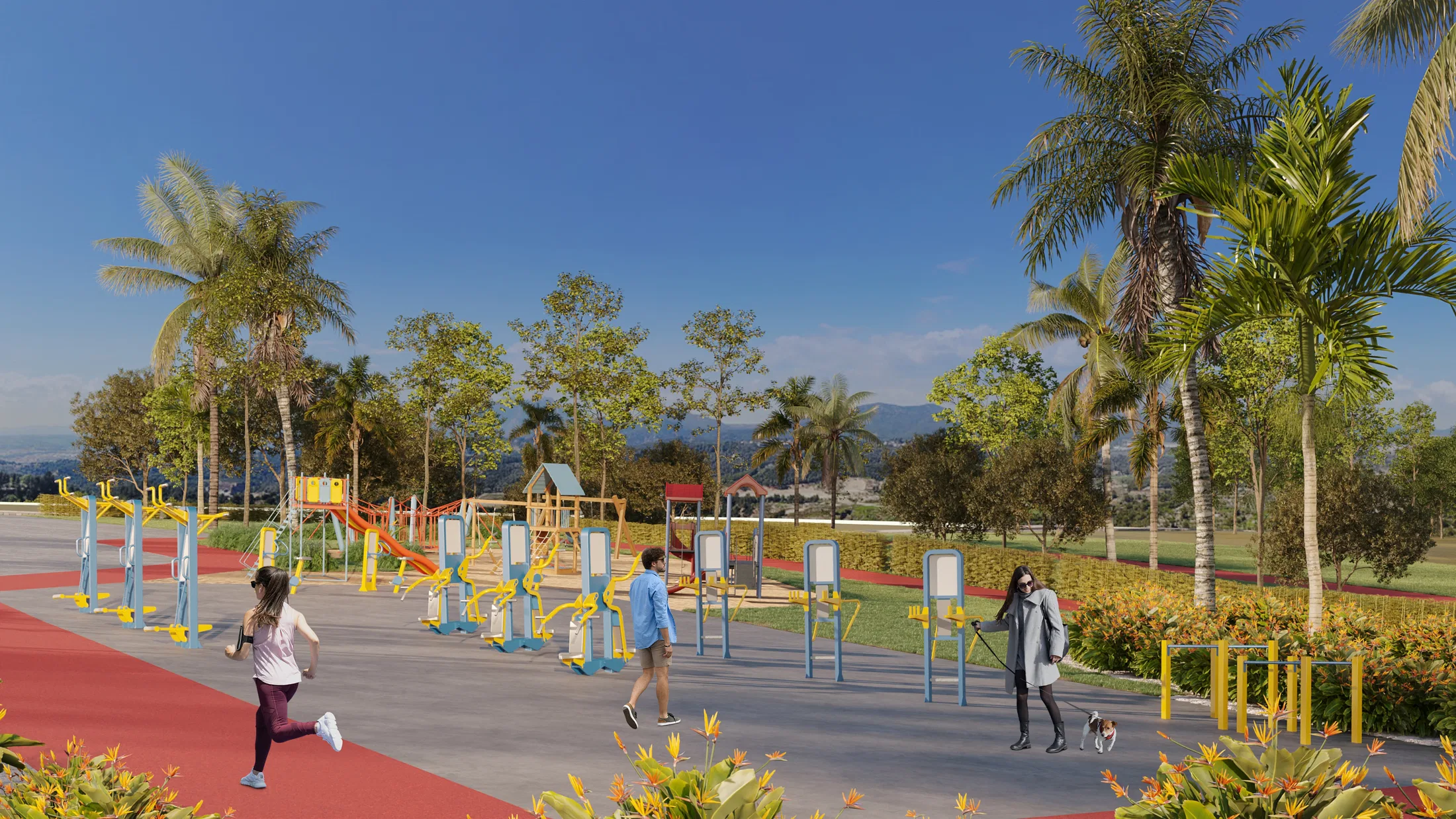 Outdoor gym area with fitness equipment, a playground and a walking track lined with palm trees