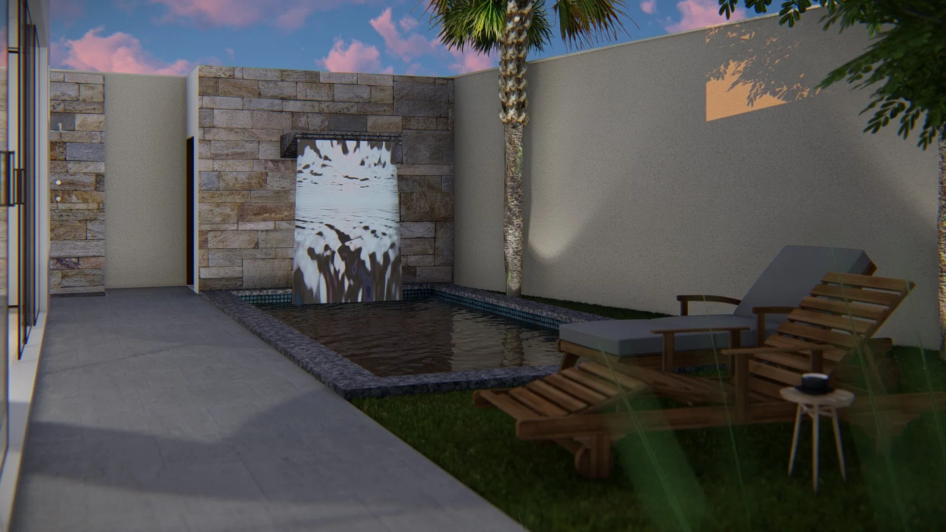 Pool area with a stone wall and cascading water feature, wooden loungers and a palm tree under a dusk sky