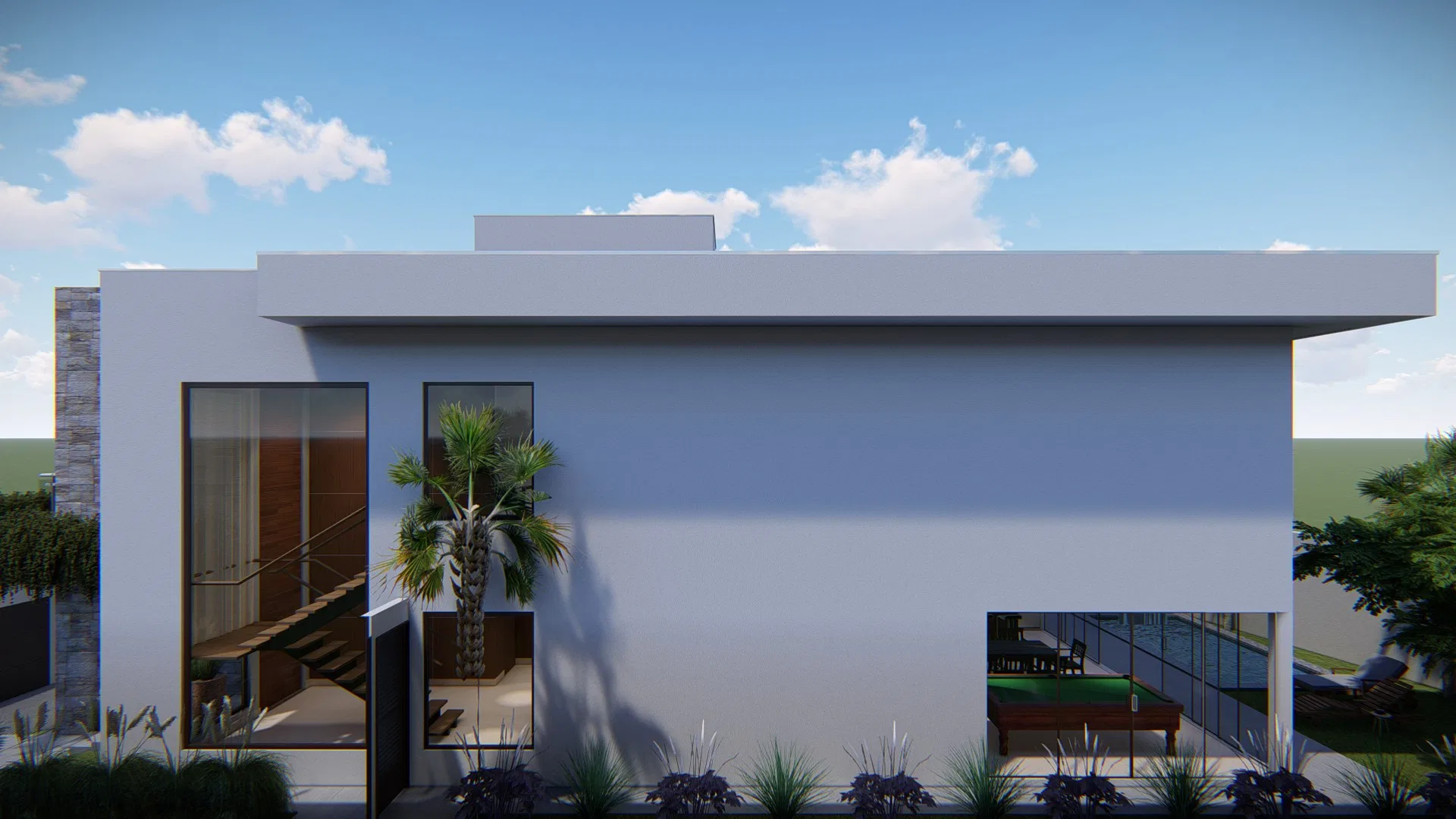 Daytime side facade with glazing revealing a games room with a pool table, surrounded by low garden planting