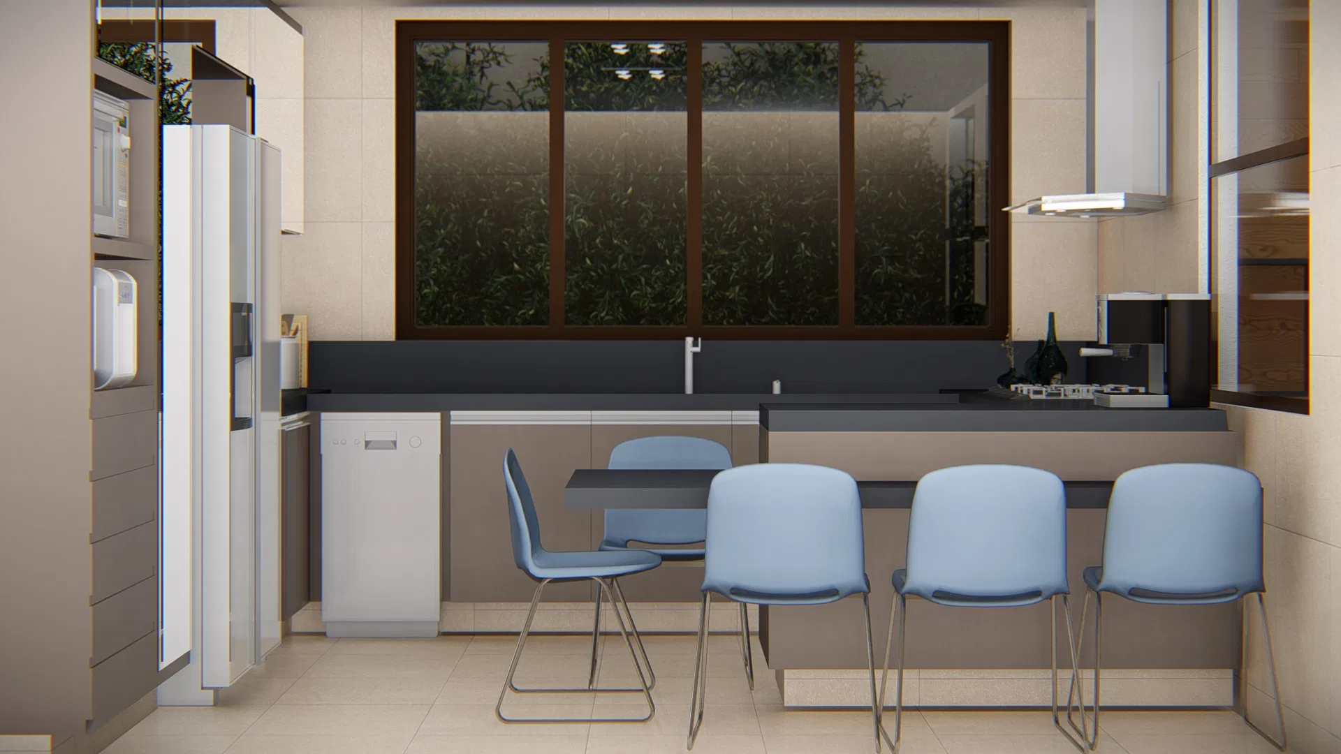 Open kitchen with a dark countertop, blue chairs and a glazed window facing the outdoor garden