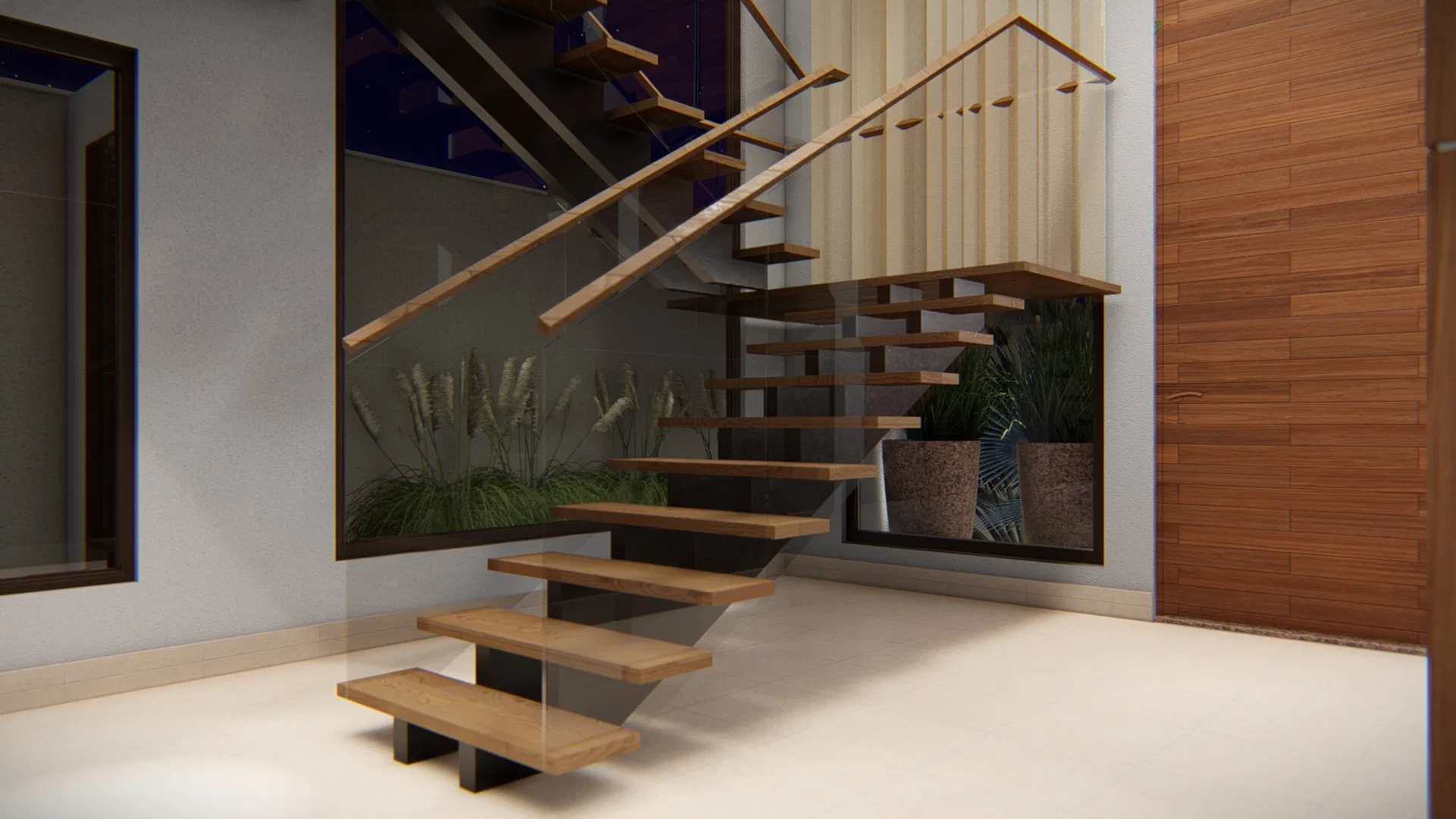 Cantilevered staircase with a metal structure and wood treads beside an interior garden with potted plants