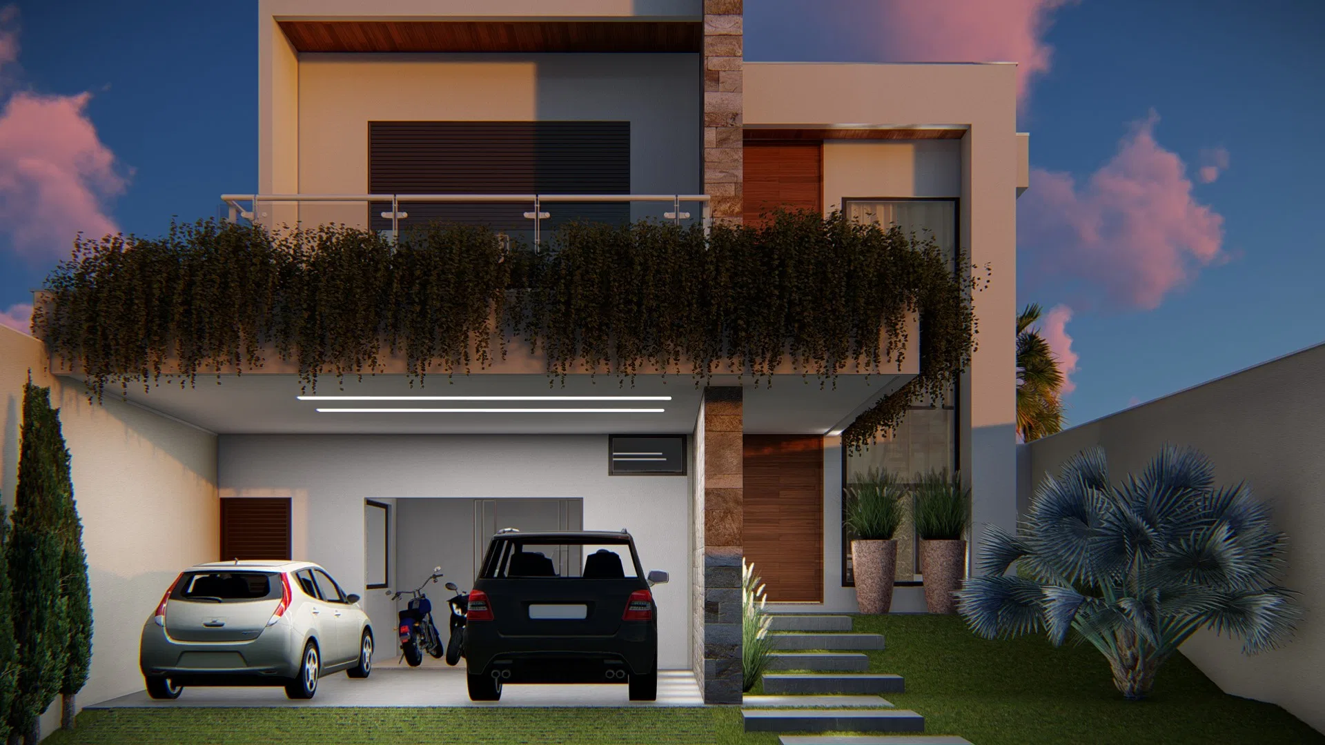 Residential facade at dusk with a vegetation-covered suspended planter, stone cladding and two cars parked in the garage