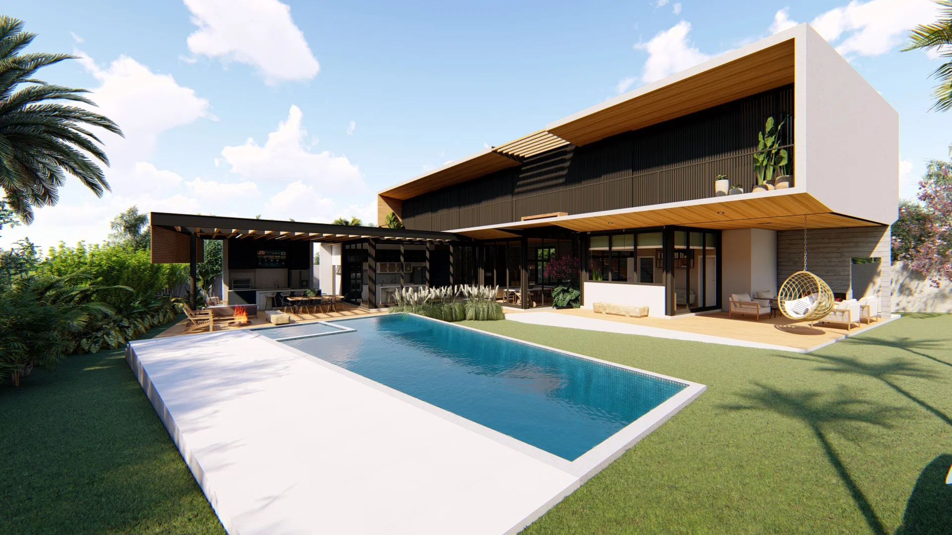 Rectangular pool with an automatic cover, a covered gourmet area to the left and a slatted facade with a hanging egg chair over the lawn