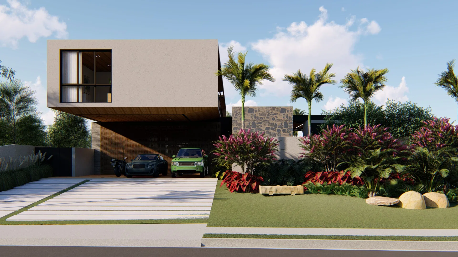 Front facade with a cantilevered stone-clad upper block, a garage holding a sports car and a green SUV, and a pink flower bed edged with boulders